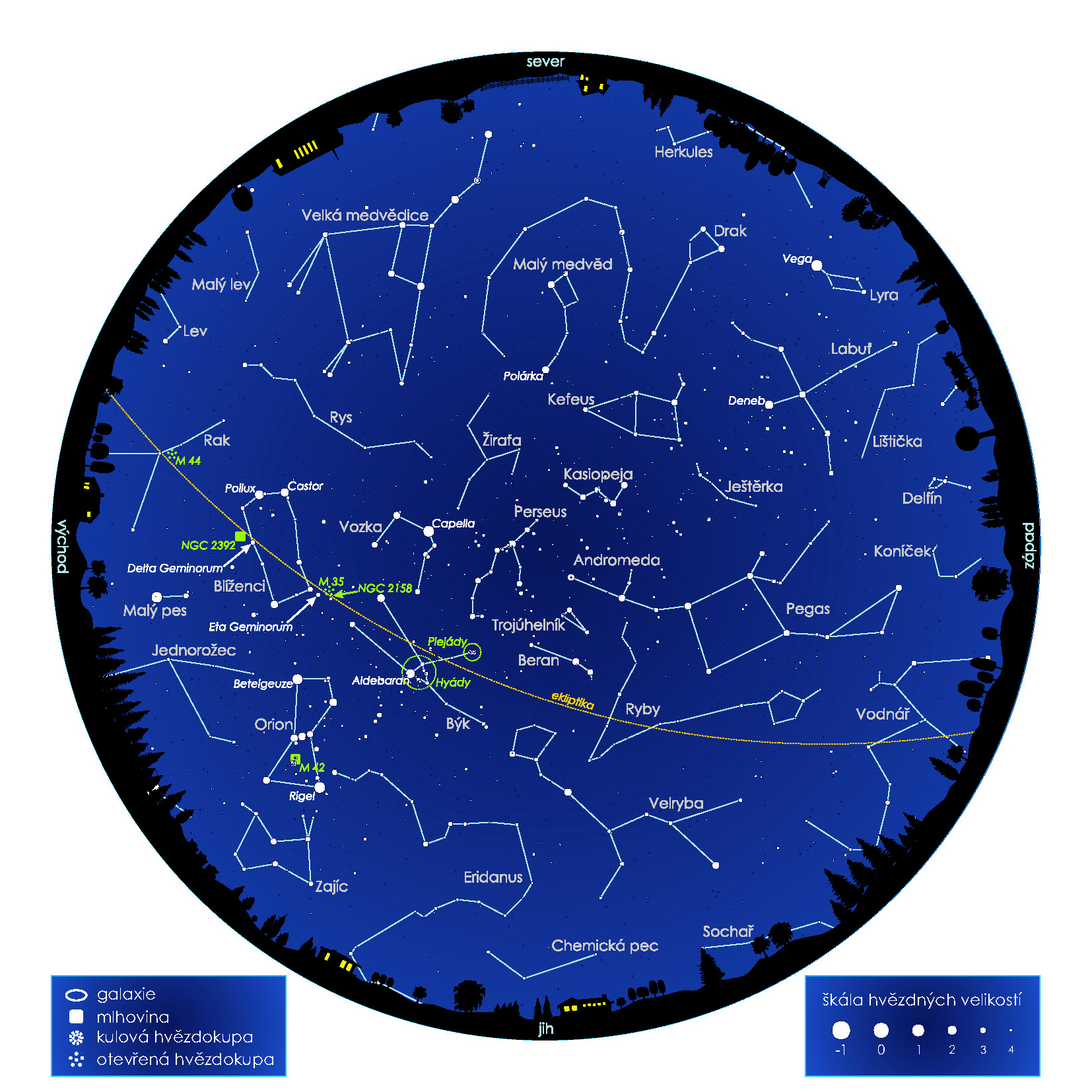 Kruhová mapa noční oblohy