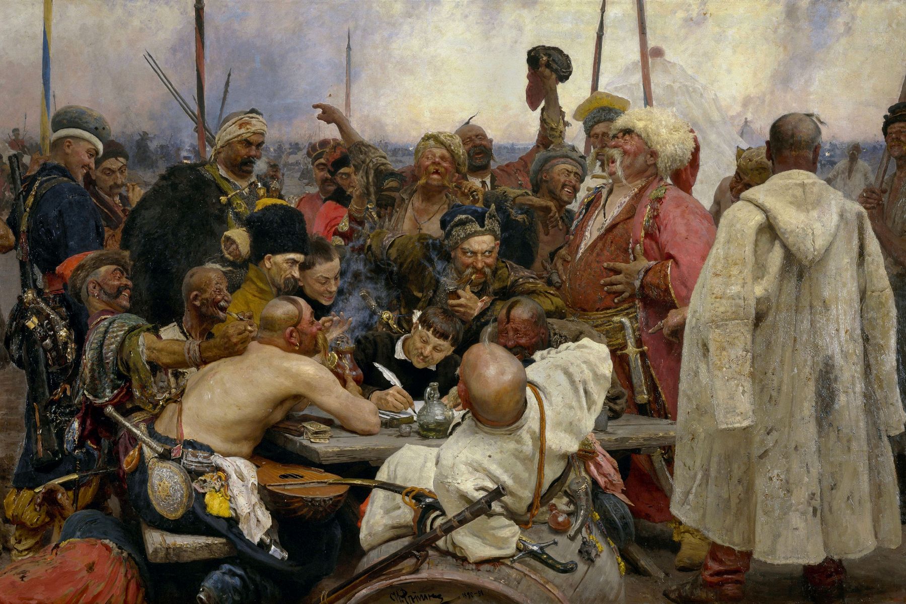 <p>Plátno Ilji Repina s názvem Záporožští kozáci píší dopis tureckému sultánovi (1880–1891).</p>
