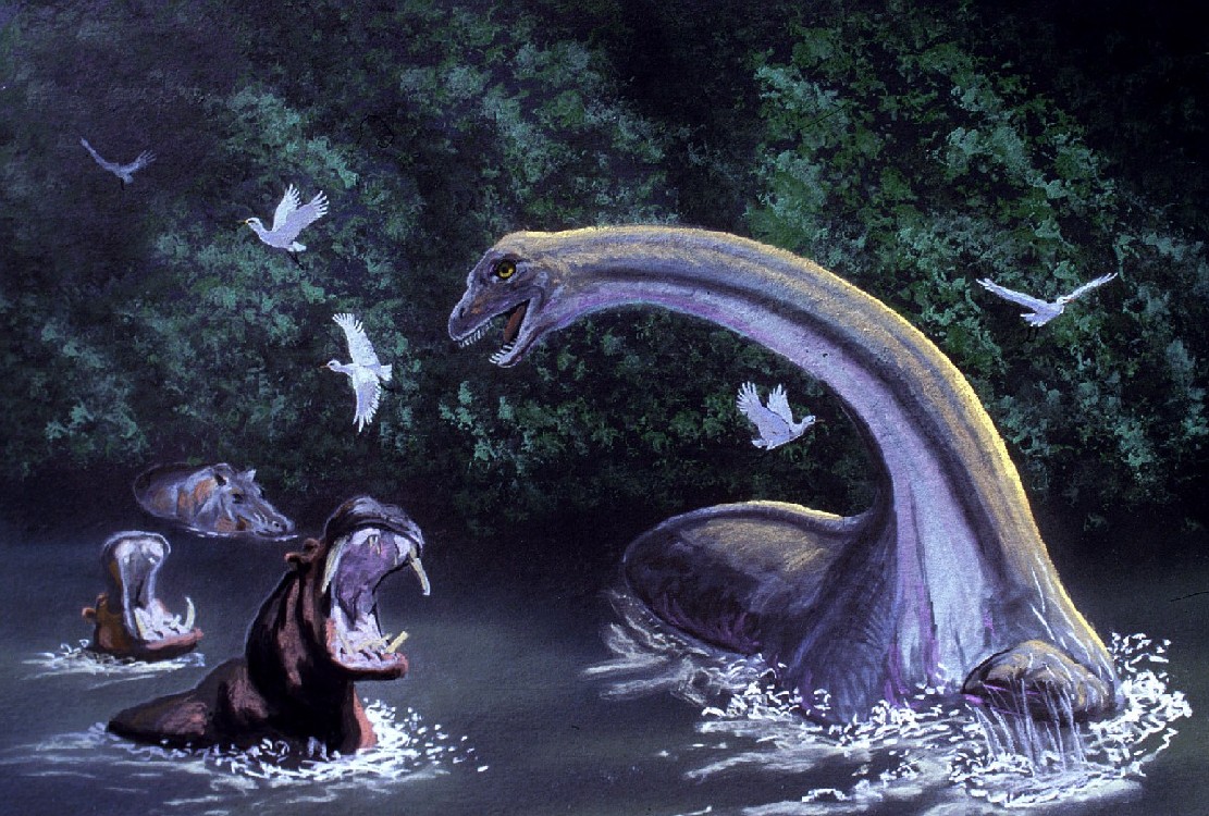 <p>Dinosaurus s malou hlavou na dlouhém štíhlém krku děsí domorodce rovníkové Afriky. Podle zoologů však nejspíš viděli plujícího slona se zdviženým chobotem.</p>