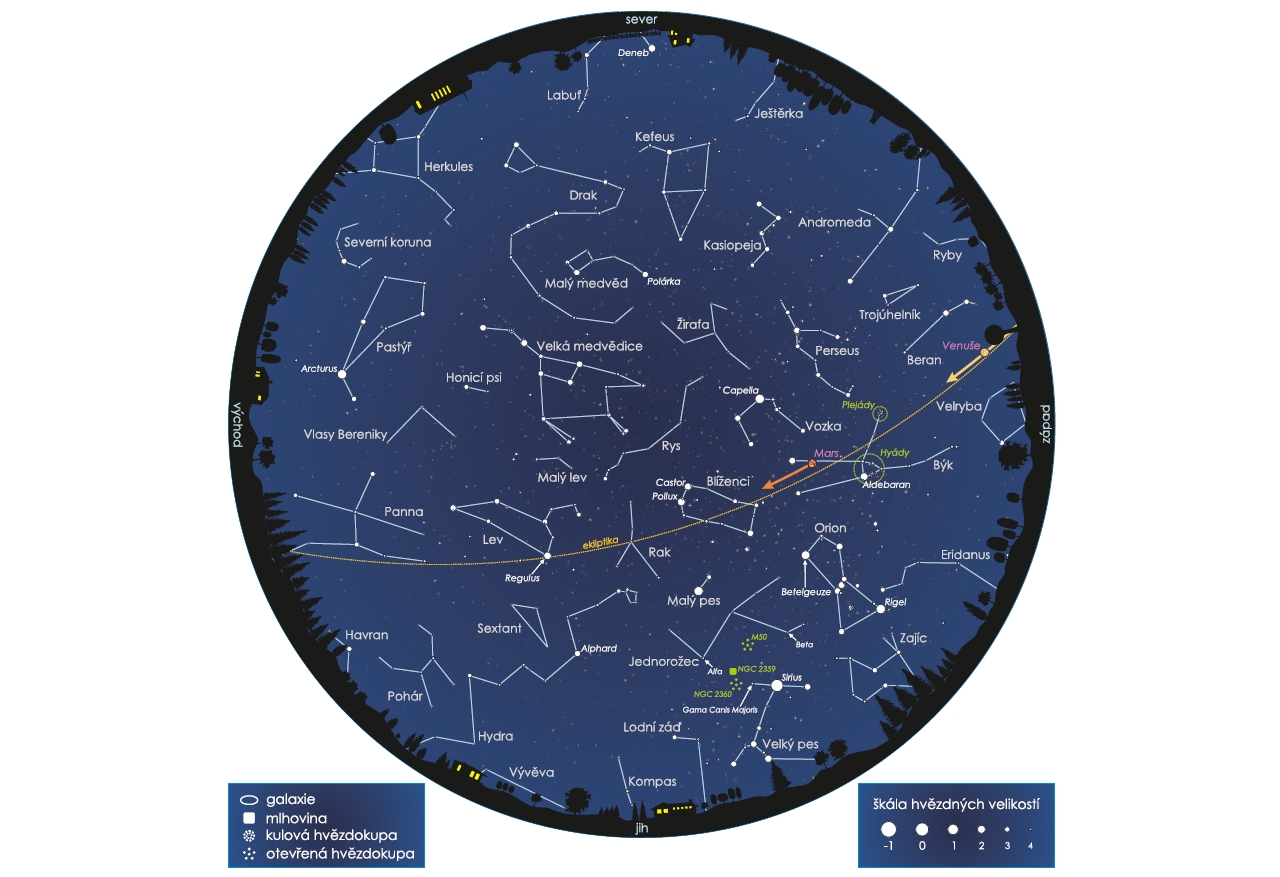 <p>Kruhová mapa zobrazuje podobu nočního nebe 15. března 2023 ve 21:00 středoevropského času (SEČ). Na počátku měsíce platí pro 22:00 SEČ, na jeho konci pro 21:00 středoevropského letního času (SELČ). <em>(zdroj: Jan Píšala - se souhlasem k publikování)</em></p>