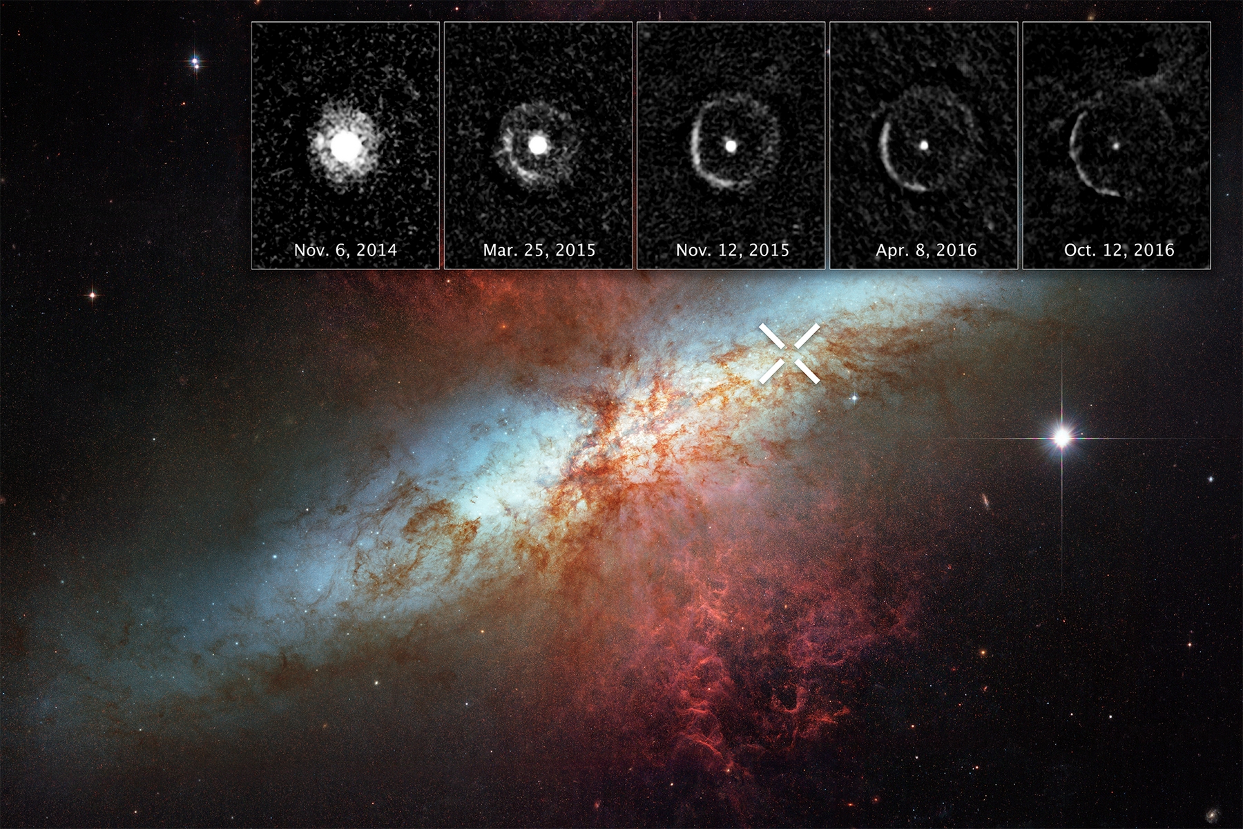 Výsledný časosběrný obraz zachycuje velkolepou vesmírnou explozi supernovy s označením SN 2014J v průběhu dvou let.