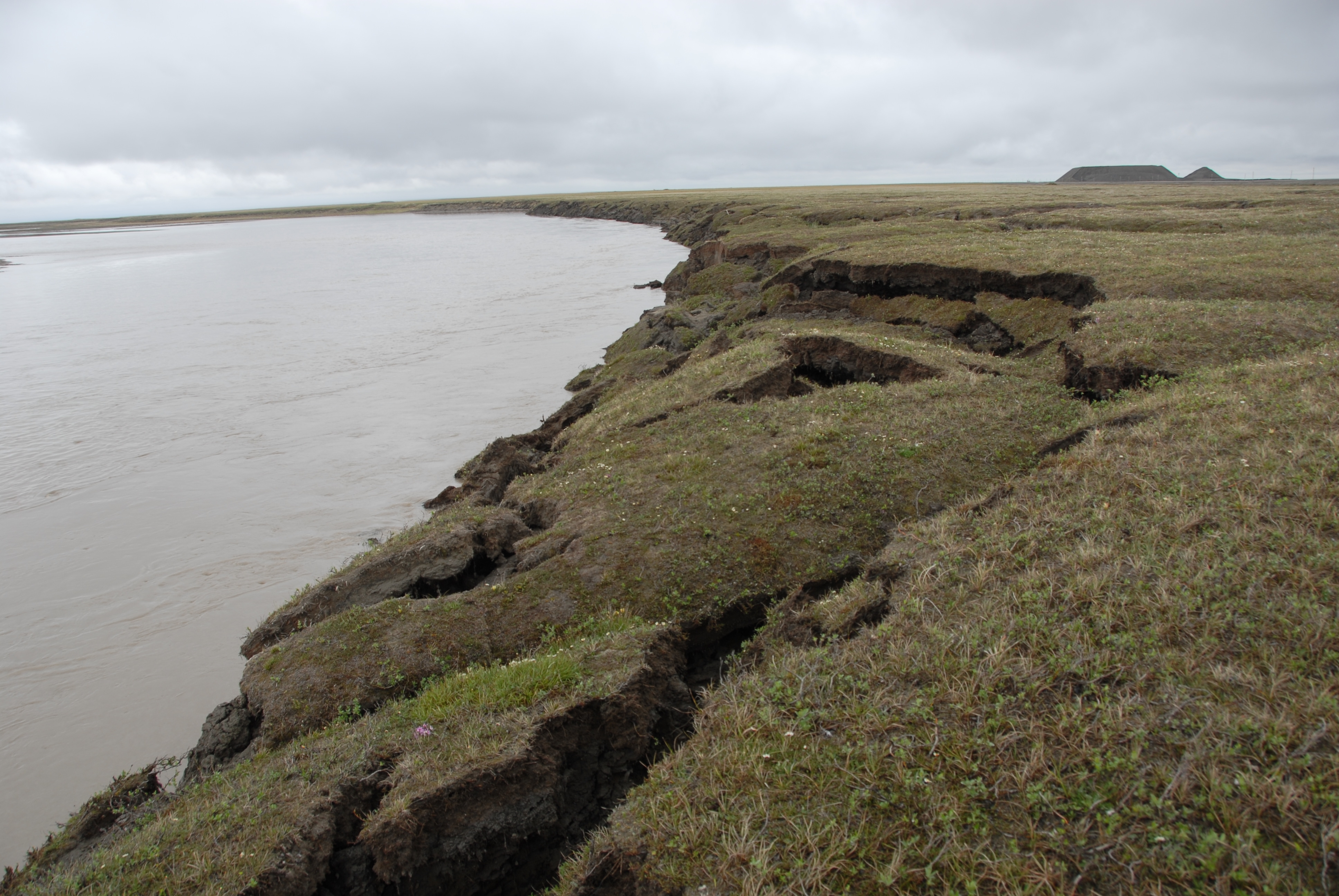 Permafrost -<p>Roztávající permafrost na břehu aljašské řeky Sagavanirktok</p>