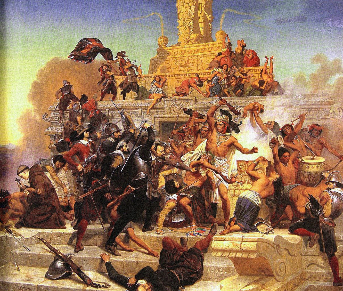 <p>Conquistadoři mají na historických malbách prominentní místo. Sami by však impérium Inků nevyvrátili – historici odhadují, že 98 % síly v dobyvatelské armádě tvořili indiánští spojenci.</p>