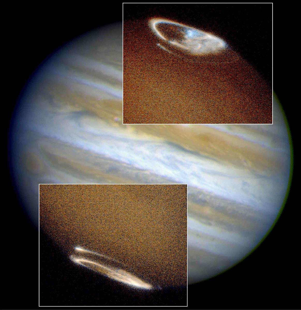 <h3>Polární záře na Jupiteru</h3><p>Hubbleův kosmický teleskop (HST) se zaměřil nejen na pořizování detailních snímků největší planety Sluneční soustavy, ale též na sledování polárních září v okolí jejího severního i jižního pólu. Fotografie oválných polárních září (ve výřezech) na <strong>Jupiteru</strong> vznikly v oboru ultrafialového světla pomocí spektrografu STIS. <strong>A přestože HST zachycoval zmíněné atmosférické úkazy na obří planetě od roku 1990, aparatura STIS je desetkrát citlivější</strong>. Publikované snímky pocházejí ze září 1997.</p>