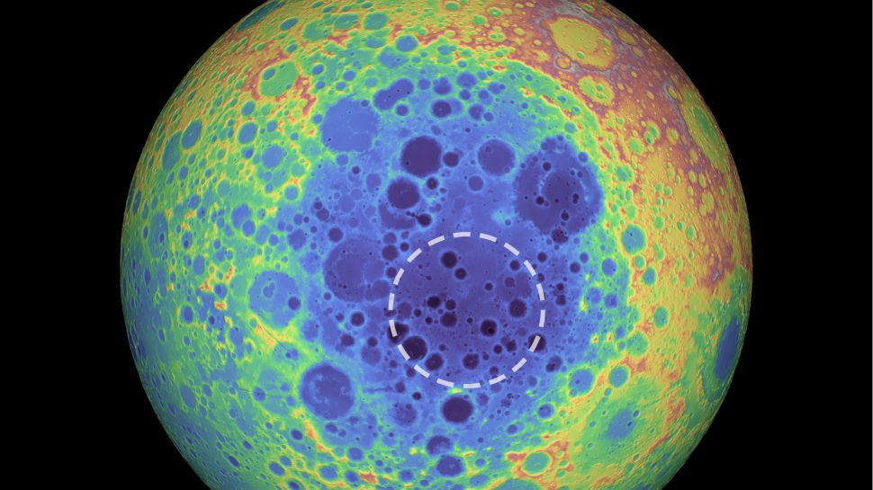 <p>Pávev South Pole-Aitken zobrazují odstíny modré v centrální oblasti mapy Měsíce</p>
