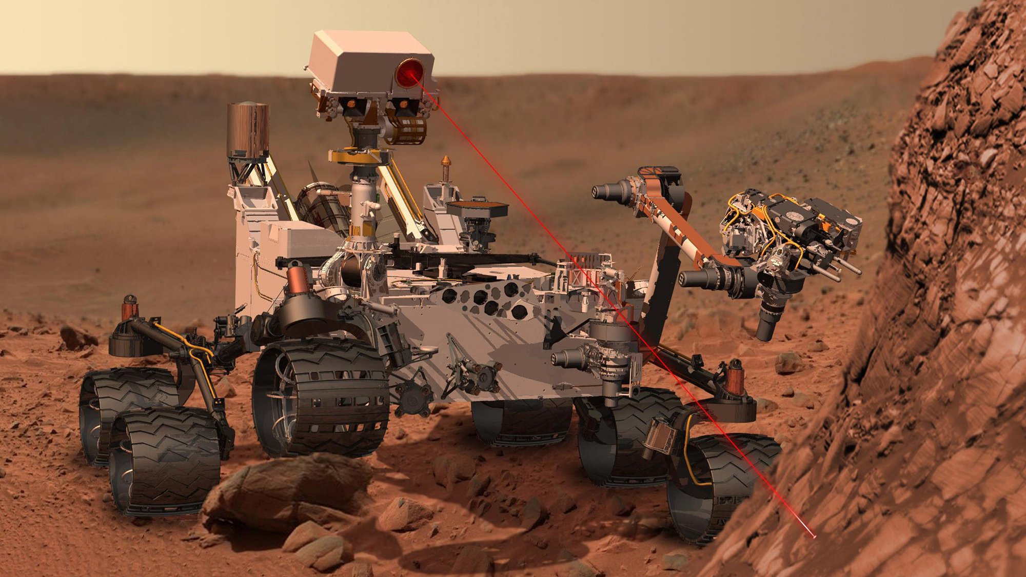 <p>Robotická laboratoř Curiosity při práci na Marsu</p>