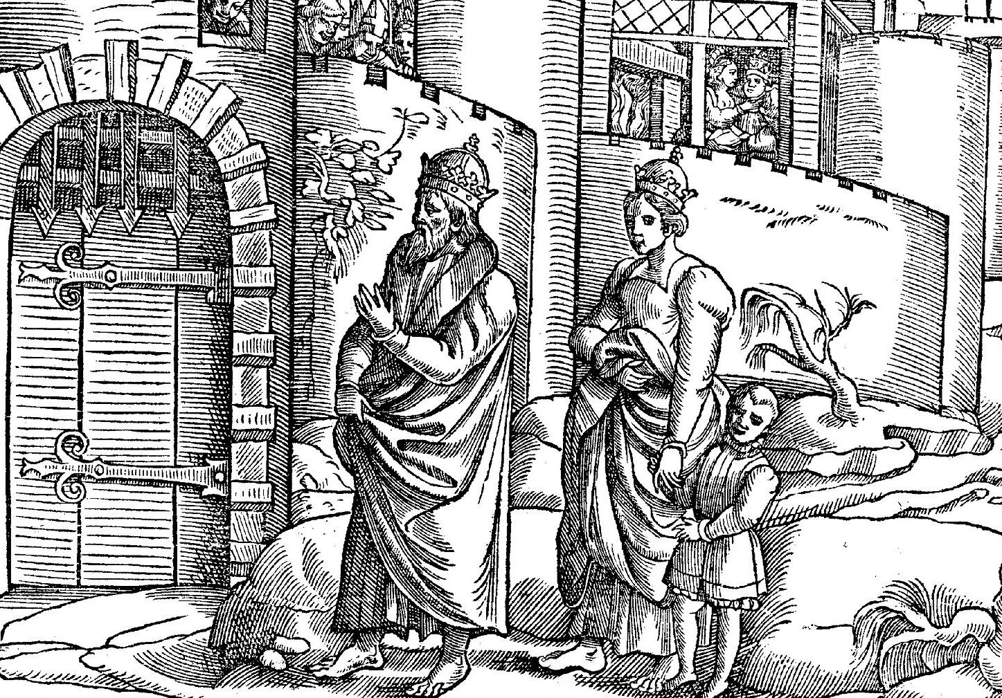 <p>Čekající Jindřich IV. s manželkou a synem před Canossou,</p>