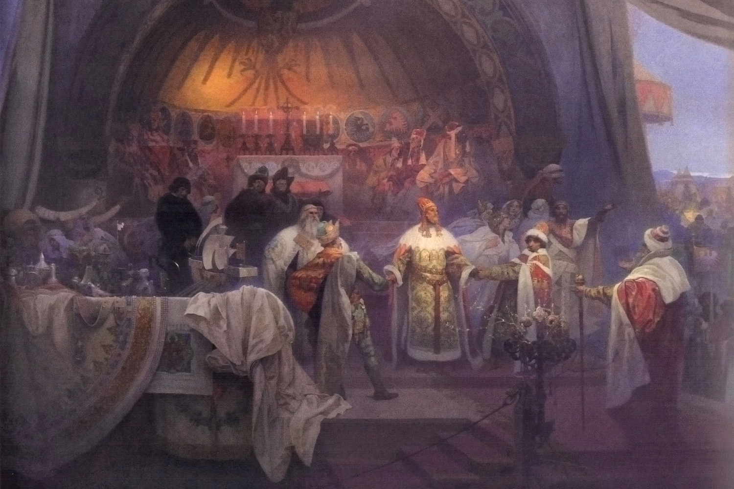 <p>Svatba <strong>Kunhuty Braniborské</strong> s uherským princem <strong>Bélou</strong>, na kterou <strong>Přemysl Otakar II.</strong> pozval všechny okolní slovanské panovníky. Postavy jsou zobrazeny v královském stanu před svatební kaplí. Jedná se o Přemyslovu osobní kapli, neboť na zdi můžeme vidět jeho erb – orla s roztaženými křídly. Přemysl sám je uprostřed obrazu, vítá dva nové hosty. Ostatní panovníci stojí okolo krále.</p>