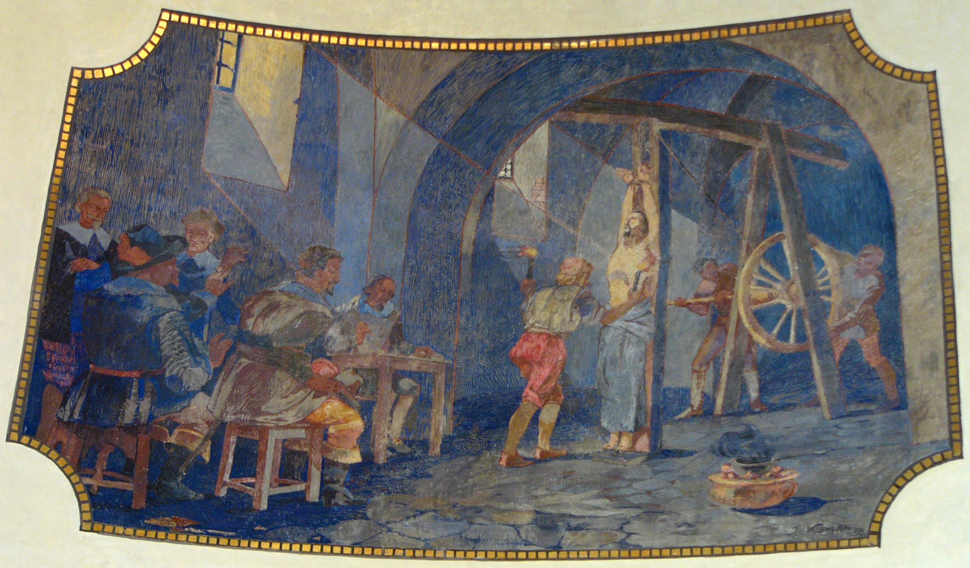 <p>Freska znázorňující mučení Jana Sarkandera v Holešově. Freska se nachází v Sarkandrově kapli v Olomouci. <em>(zdroj: Wikimedia Commons, Michal Maňas, CC BY 4.0)</em></p>