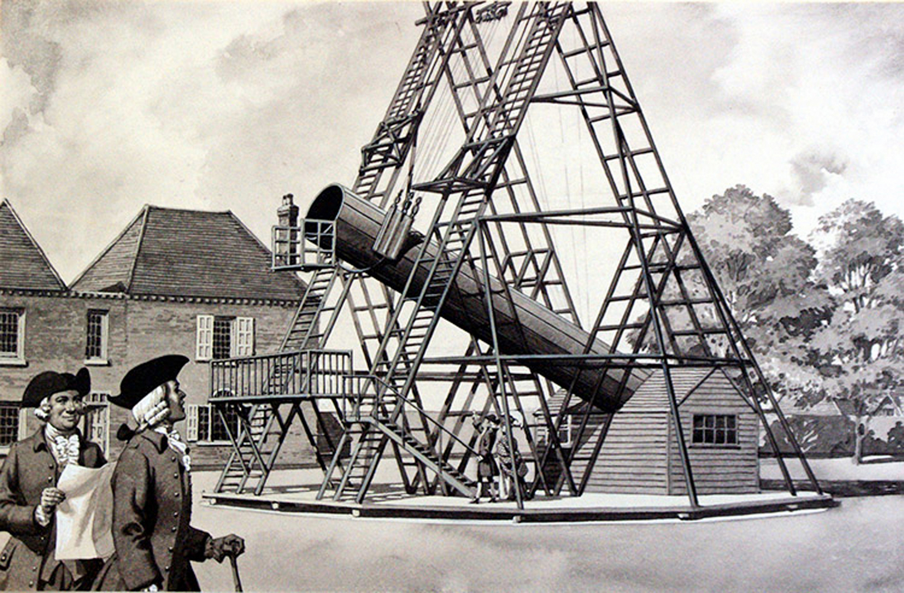 <h3>Historický Herschelův teleskop</h3><p><strong>Sestaven v roce:</strong> 1789<br /><strong>Průměr:</strong> 1,2 m</p><p>Nejen dnes, ale i v minulých stoletích dokázali astronomové postavit poměrně velké přístroje. Jeden z nich využíval <strong>William Herschel</strong>, který v roce 1781 objevil <strong>Uran</strong>. Největším a nejrozměrnějším dalekohledem anglického astronoma – jeho vrcholným konstrukčním dílem – se stal reflektor s primárním zrcadlem o průměru 1,2 m a s ohniskovou vzdáleností 12 m, zkonstruovaný v letech 1785–1789. <strong>Herschel pak tímto tzv. Velkým čtyřicetistopým teleskopem jako první pozoroval mlhovinu v Orionu.</strong> A když jej 28. srpna 1789 namířil na <strong>Saturn</strong>, objevil jeho měsíc <strong>Mimas</strong>, přičemž brzy následoval i další průvodce planety, <strong>Enceladus</strong>. </p><p>Následujících padesát let se jednalo o největší dalekohled světa. Teprve v roce 1917 jej překonal teleskop o průměru 2,5 m na americké <strong>observatoři Mount Wilson</strong>. Další rekordní změna přišla roku 1949, kdy začal v kalifornském Palomar Mountain fungovat <strong>Haleův dalekohled</strong> s průměrem zrcadla 5,08 m. V roce 1976 následoval ruský přístroj <strong>BTA</strong> s jednolitým zrcadlem o průměru 6 m a současný největší teleskop světa, <strong>Gran Telescopio Canarias</strong> na ostrově La Palma, disponuje segmentovým zrcadlem s průměrem objektivu 10,4 m.</p>