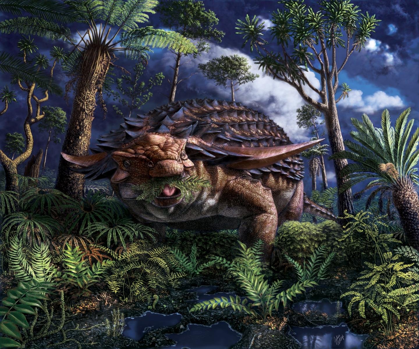 <p>Obrněný nodosaurus <em><strong>Borealopelta markmitchelli</strong></em>, s plnou pusou kapradin.</p>