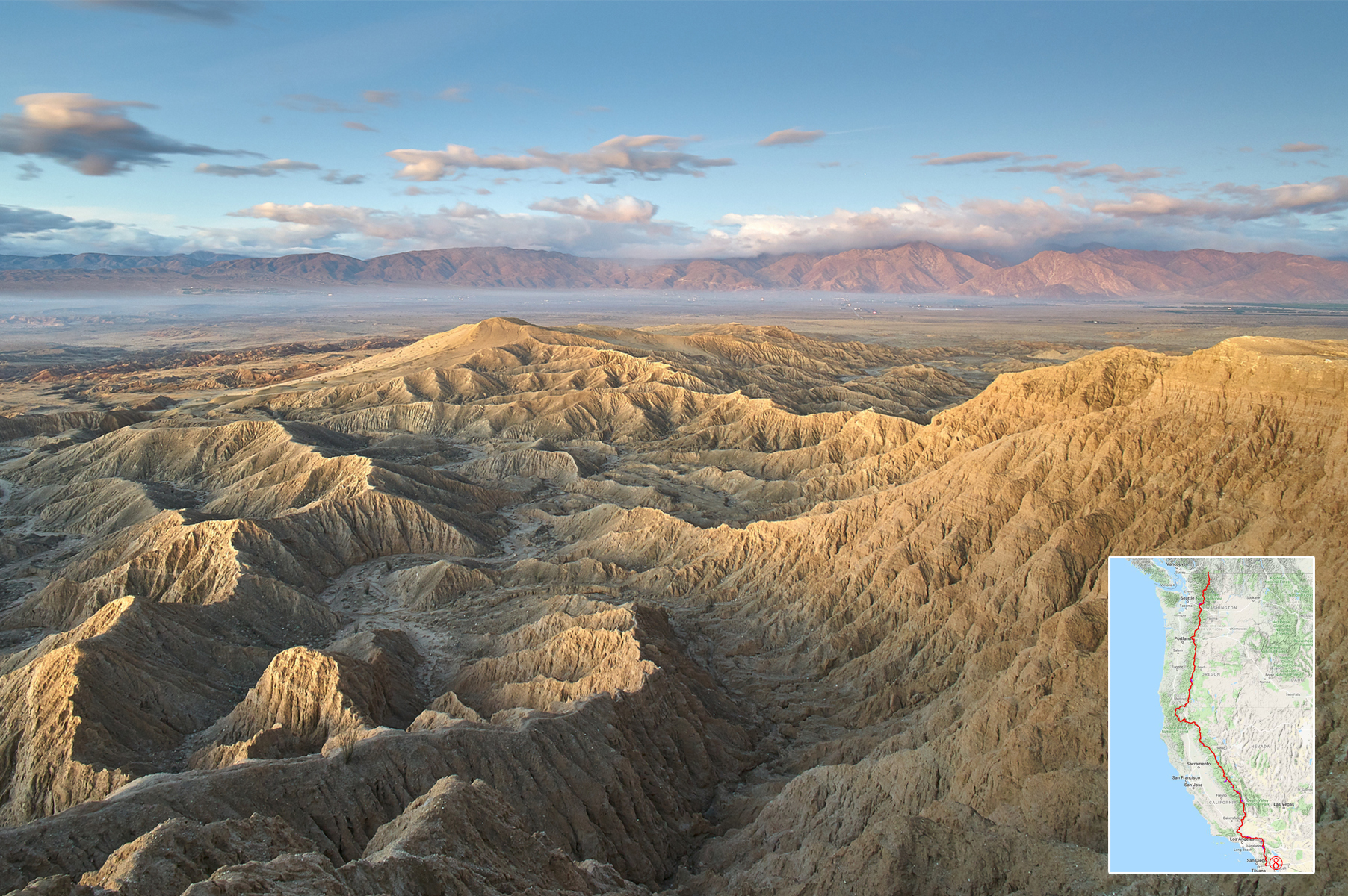 <h3>Na hranici s Mexikem</h3><p><strong>Anza-Borrego Desert State Park</strong></p><p>Devět z deseti nadšenců začíná svou pouť právě tady, obvykle na přelomu dubna a května. Poušť totiž ještě nesnesitelně nežhne, ale sníh v pohořích na trase už odtává. V době, kdy cestovatelé dosáhnou jejich vrcholků, hrozí mnohem nižší riziko lavin a náhlých záplav. S rozlohou 2 371 km² představuje <strong>Anza-Borrego</strong> největší národní park Kalifornie. <strong>Návštěvníci jej mohou objevovat prostřednictvím 800 km polních cest a 180 km turistických stezek. Natrefí přitom na širokou plejádu kaktusů, pouštních květin, ale i na ohrožené ovce Nelsonovy</strong>.</p>