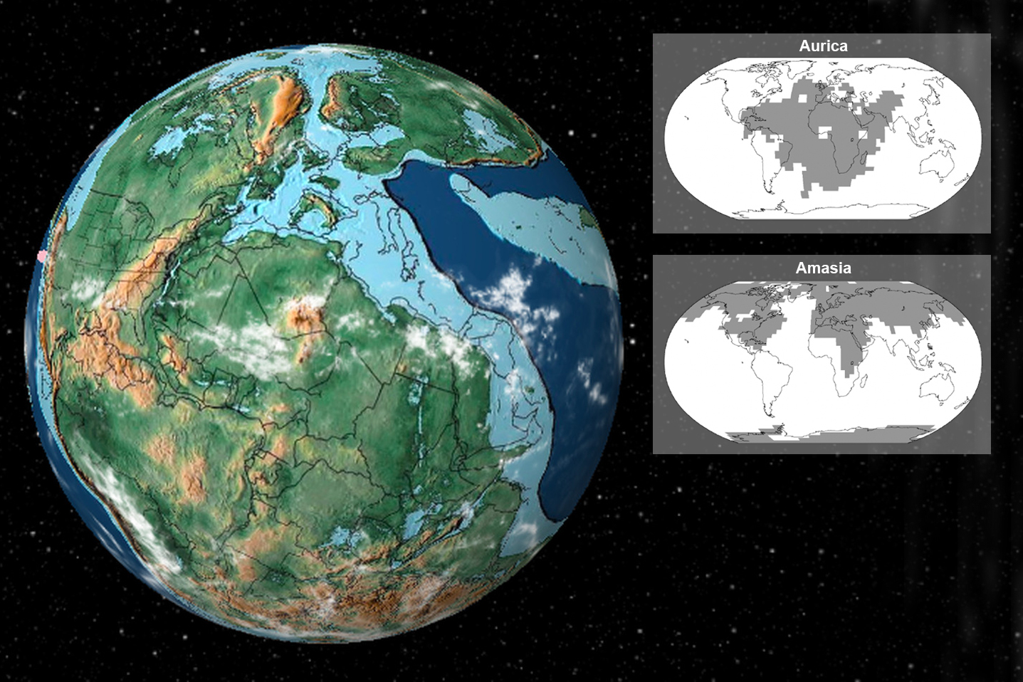 <p>Nejmladší superkontinent Pangea, v době před 200 miliony let. Ve výřezech simulace dvou superkontinentů budoucnosti.</p>