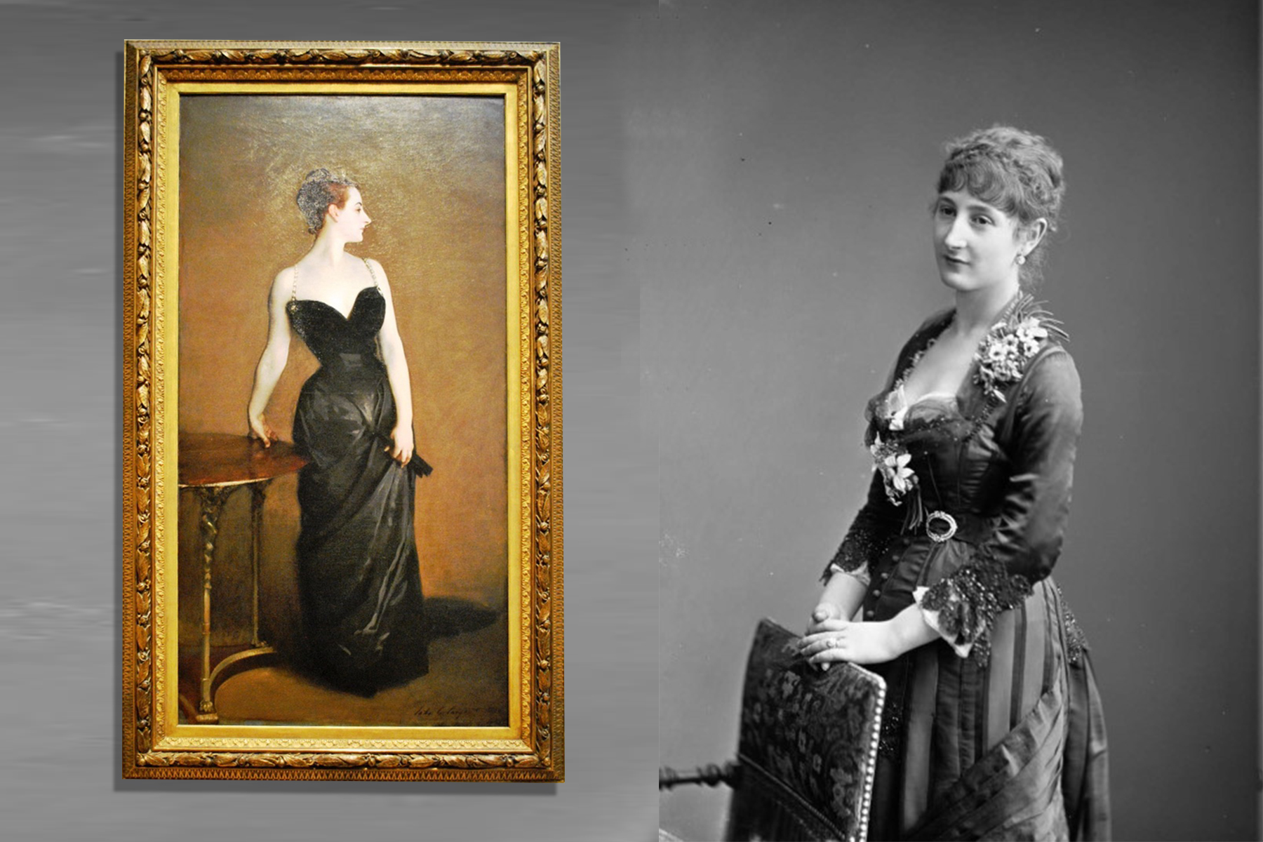 <p>Fotografie Virginie Amélie Avegno okolo roku 1878. Vlevo „skandální“ obraz Johna Singera Sargenta Madame X z roku 1884.</p>