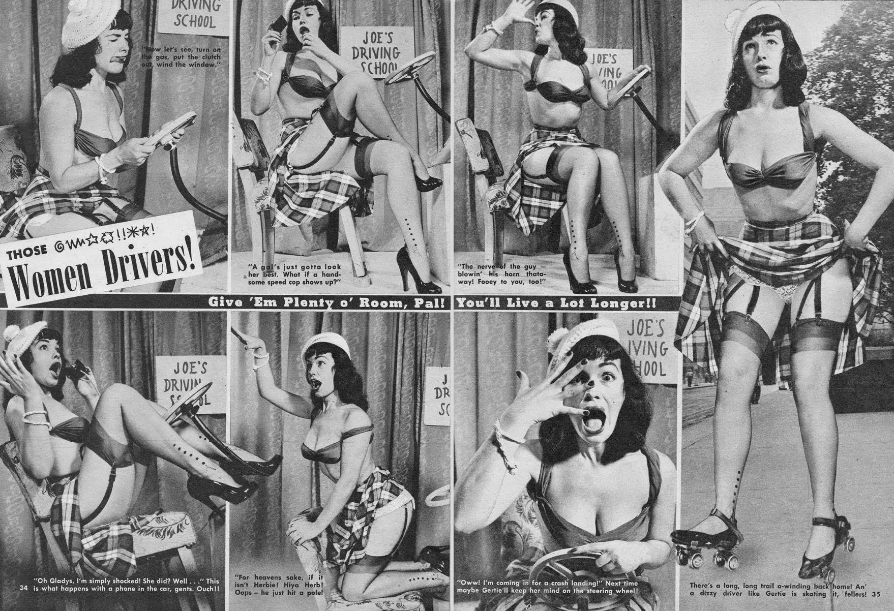 <p>Bettie Page jako „žena za volantem“ v magazínu Beauty Parade z března 1952.</p>