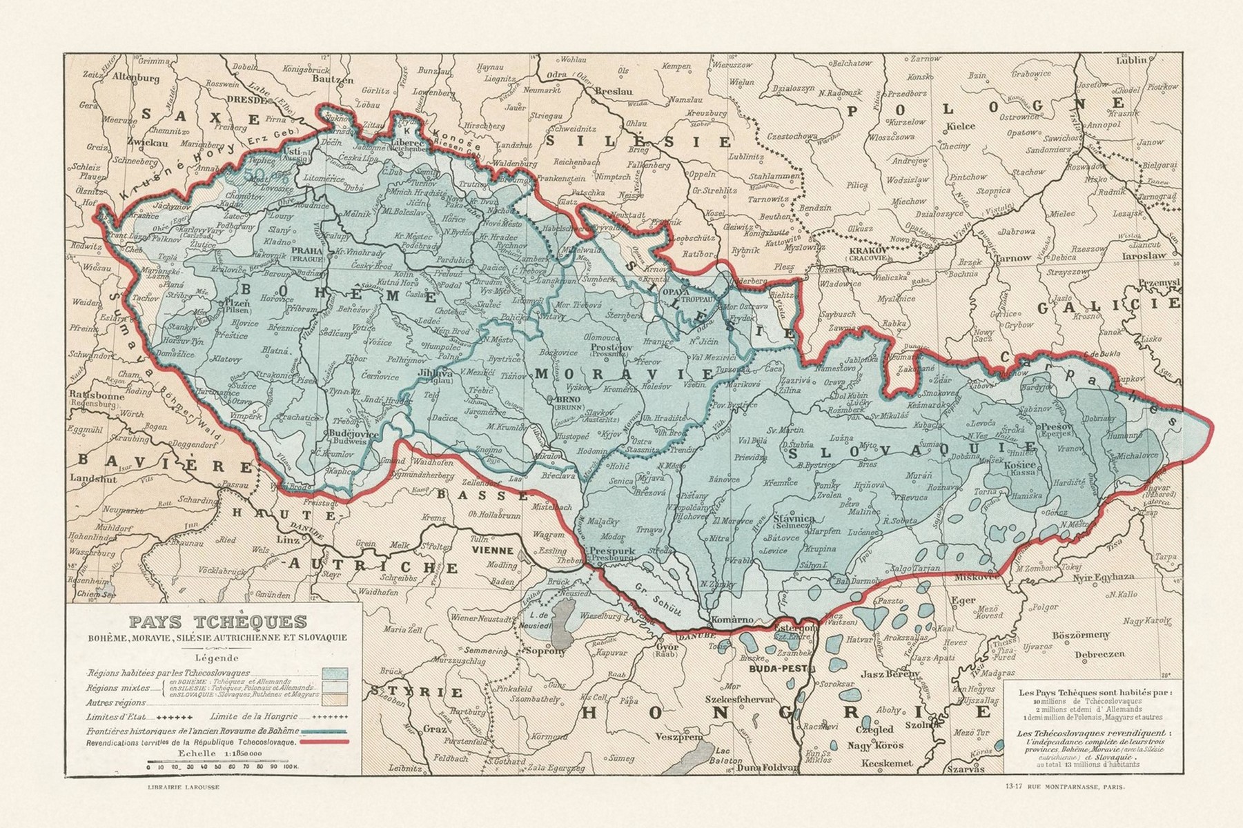 <p>Jeden z návrhů hranic Československa na popularizační mapě, vydané k průběhu jednání pařížské mírové konference v roce 1919. Mapa staví na konstruktu československého národa, jehož podíl v mnoha oblastech oproti Němcům či Maďarům nadhodnocuje. Naopak nepočítá s připojením Podkarpatska.</p>