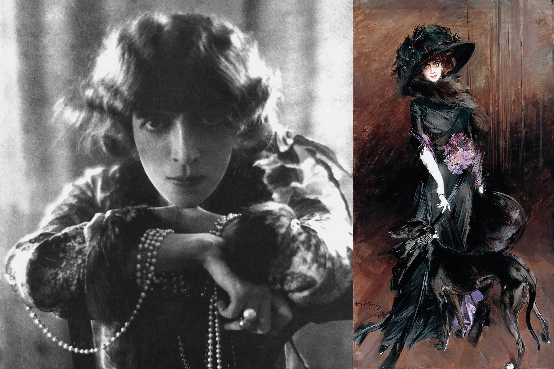 <p>Jedna z mála dochovaných fotografií Luisy Casati (1881–1957). Vpravo její portrét La marchesa Luisa Casati od Giovanni Boldiniho.</p>