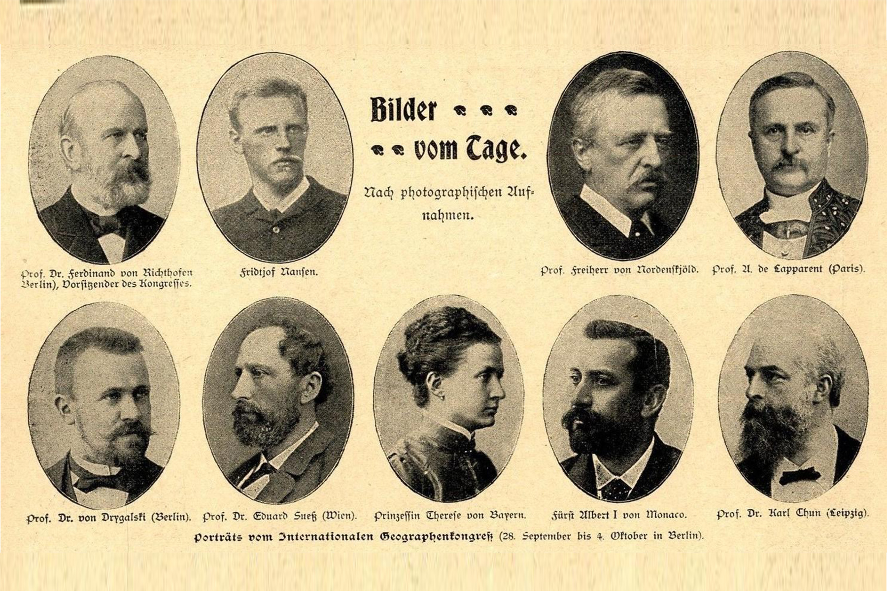 <p>Tereza Bavorská mezi vědci na mezinárodním vědeckém kongresu v Berlíně v roce 1899. Vedle věhlasných vědců – především geologů se zde Tereza Bavorská setkala s Eduardem Suessem, který jako první vyslovil hypotézu o existenci prakontinentu, tzv. Gondwany.</p>