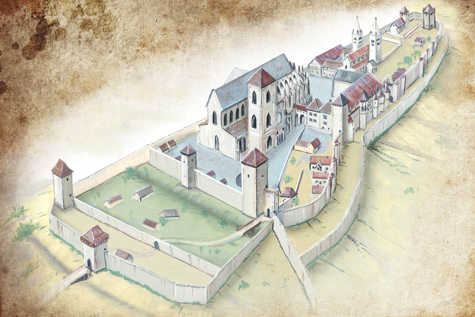 <p>Pražský hrad (kolem roku 1400). Za Lucemburků, především pak za Karla IV. se hrad románský proměnil v gotický. Královský palác byl přestavěn podle „galského způsobu“ a francouzská gotika se měla odrážet i ve stavbě katedrály.</p>