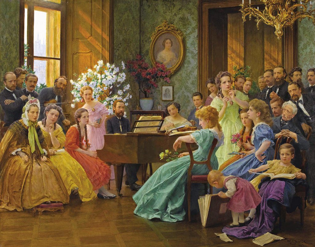<p>Bedřich Smetana mezi svými přáteli v roce 1865. Olej na plátně od Františka Dvořáka (1862-1927).</p>