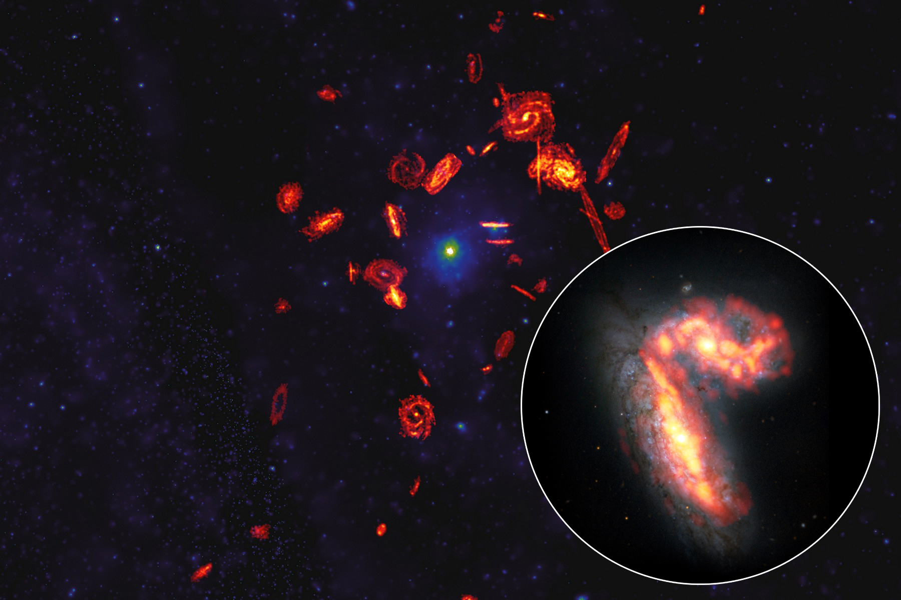 <p>Disky molekulárního plynu a horkého plazmatu v Kupě galaxií v Panně (Virgo Cluster). Ve výřezu galaxie NGC 4567 a NGC 4568, které jsou jako mnoho dalších dotčené probíhajícími extrémními fyzikálními procesy.</p>