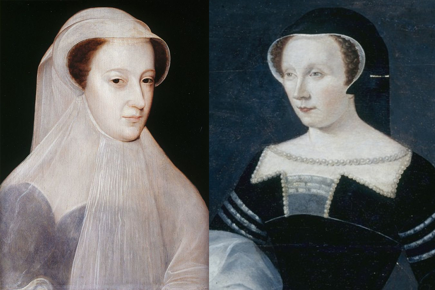 <p>Skotská královna <strong>Marie Stuartovna</strong> (vlevo) v rozporu se zvyklostmi oblékla bílou na svou svatbu. <strong>Diana de Poitiers</strong> vyřešila problém s volbou smuteční barvy šalamounsky – až do své smrti oblékla šaty kombinující bílou i černou.</p>