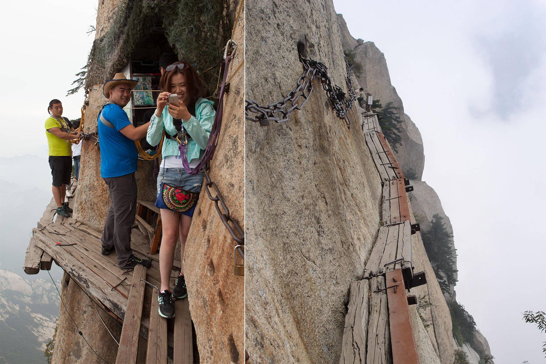 <h3>Stoprocentní adrenalin | Čína</h3><p>Okolo 2 160 m vysoké hory Chua-šan v čínské provincii Šen-si se vine prastará stezka. Dnes si tam návštěvníci mohou půjčit prsní úvazek a připnout se k ocelovému lanu, nicméně bez doplnění o „sedák“ jde o poměrně iluzorní ochranu. Média stezku často označují jako „nejnebezpečnější na světě“, její náročnost však nepřekonává běžné zajištěné cesty v Alpách. Riziko spočívá především v kombinaci nedostatečné údržby chodníků a lehkovážnosti návštěvníků, kteří nejsou na podobné výlety připraveni. <em>(foto: Wikimedia Commons, Ondřej Žváček, CC BY-SA 3.0)</em></p>