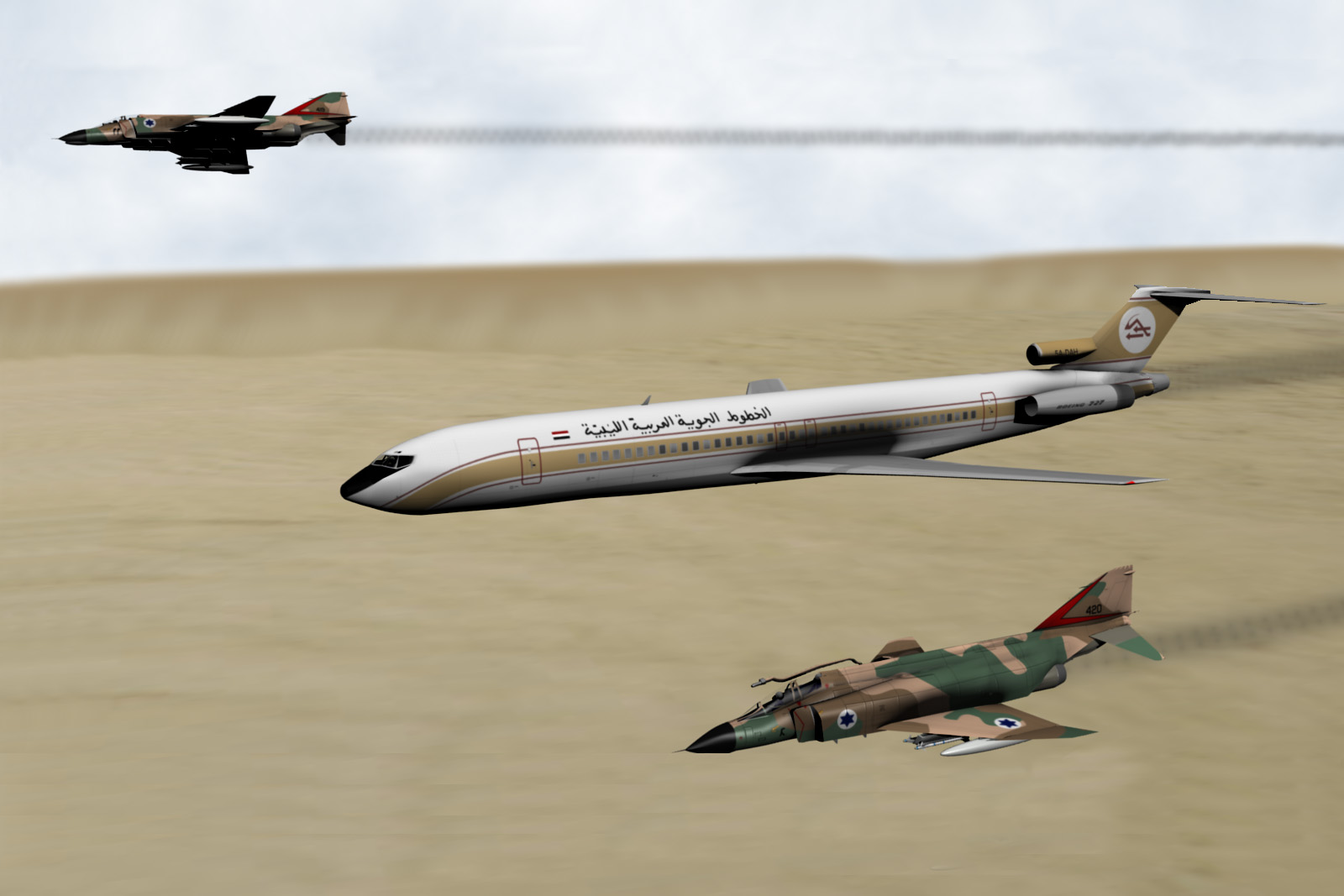 <p>Let 114 v doprovodu izraelských stíhaček McDonnell F-4 Phantom II. Během incidentu nad Sinajským poloostrovem v roce 1973 zahynulo 108 ze 113 osob na palubě. <em>(foto: Wikimedia Commons, Anynobody, CC BY-SA 3.0)</em></p>