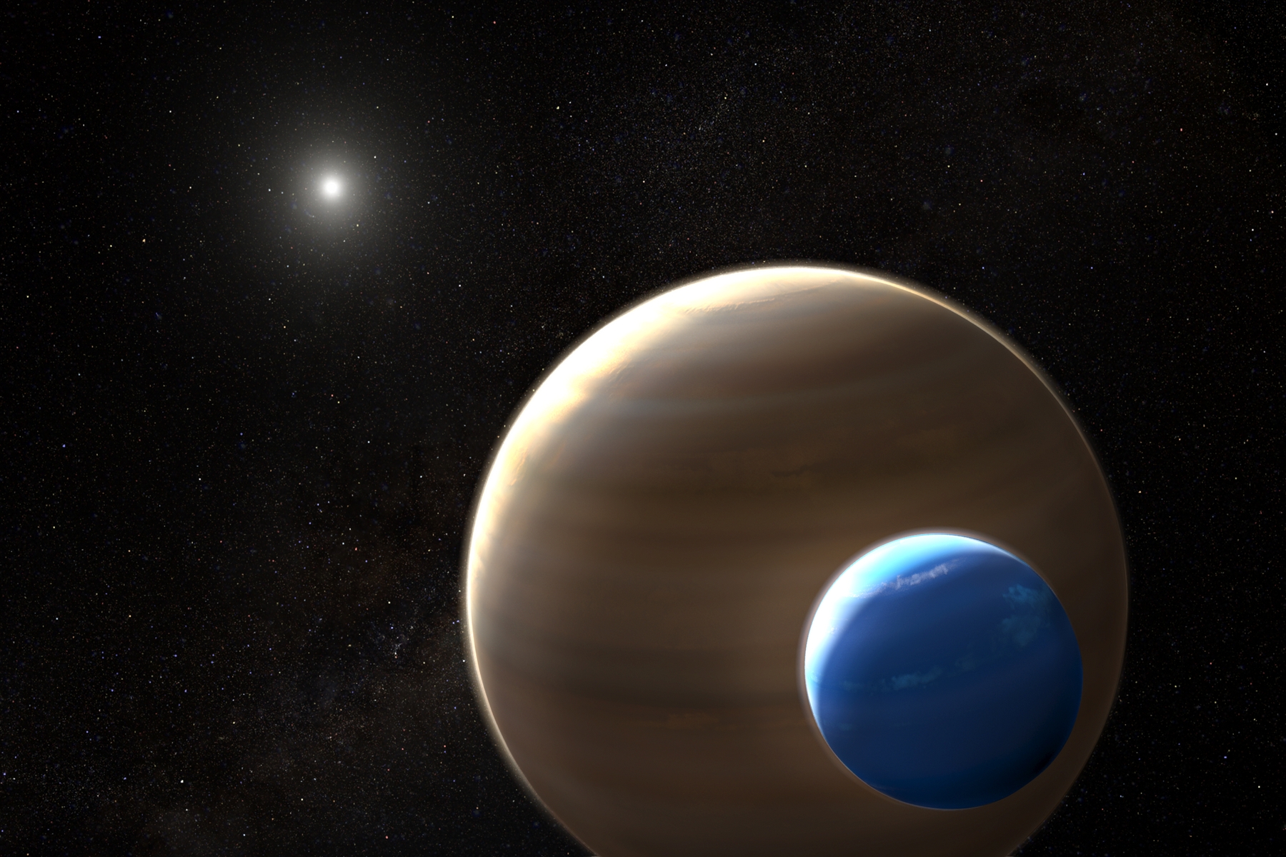 <p>Vizualizace znázorňující (zatím nepotvrzený) exoměsíc u exoplanety <strong>Kepler-1625b-i</strong>.</p>