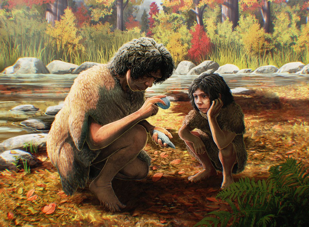 <p>Pazourkové pěstní klínu, objevené před 100 lety v Anglii, zřejmě vyrobili příslušníci druhu člověka heidelberského <em>(Homo heidelbergensis)</em>. <em>(ilustrace: University of Cambridge, Gabriel Ugueto, </em><em>CC BY 4.0)</em></p>