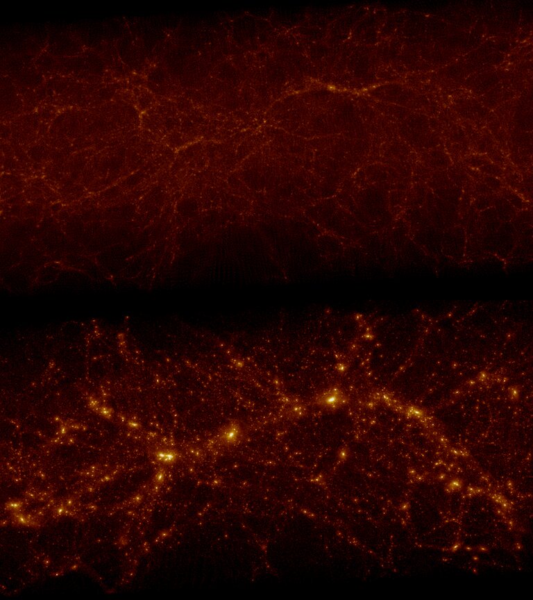<p>Rozložení hmoty v simulovaných galaxiích ve vesmíru před 11 miliardami let (nahoře) a v budoucnu za 11 miliard let (dole). <em>(foto: Kavli IPMU, Metin Ata, CC BY 4.0)</em></p>