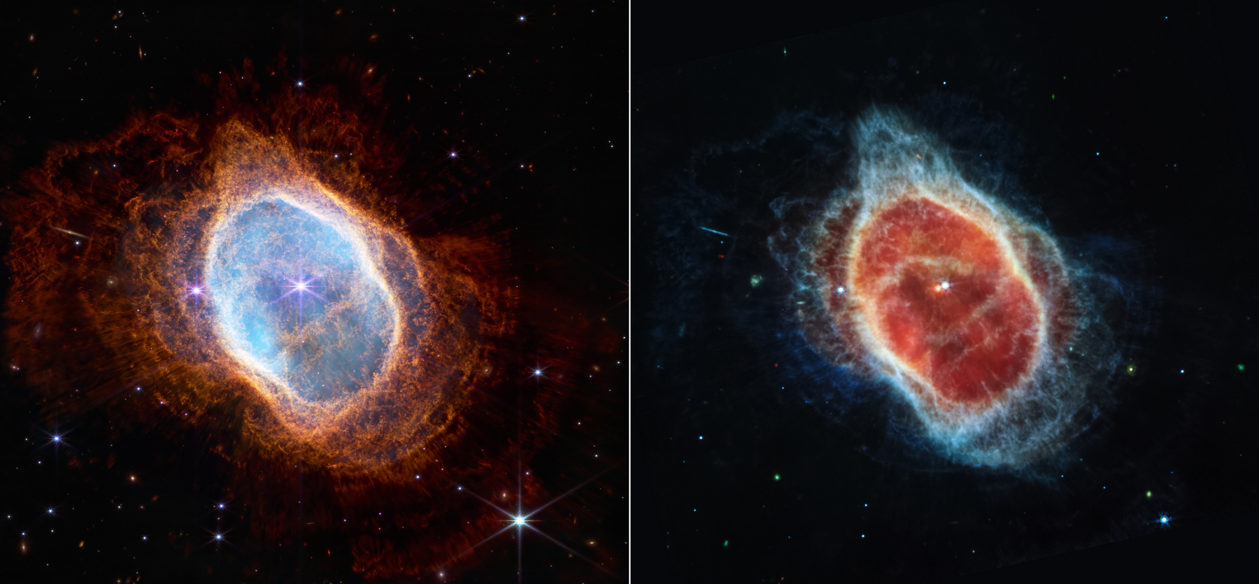 <h3>Jižní prstencová mlhovina</h3><p>Vesmírný teleskop Jamese Webba zachytil i planetární mlhovinu <strong>NGC 3132</strong>, objevenou v roce 1835 známým astronomem <strong>Johnem Herschelem</strong> při jeho průzkumu jižní oblohy. Nachází se přibližně 2500 světelných let od Země v souhvězdí plachty z bývalé Lodě Argonautů. <strong>Tento obří a rozpínající se oblak plynu obklopuje zhroucenou hvězdu – bílého trpaslíka</strong>, který obíhá kolem společného gravitačního centra s další hvězdou. Dalekohled nabídl dva různé pohledy na stejný objekt – snímek vlevo je pořízený detektorem <strong>NIRCam</strong> (Near Infrared Camera), snímek vpravo pomocí <strong>MIRI</strong> (Mid-Infrared Instrument), který umožňuje studovat i chemické složení mezihvězdného prostředí. <em>(foto: NASA, ESA, CSA, STScI, CC BY-SA 4.0)</em></p>