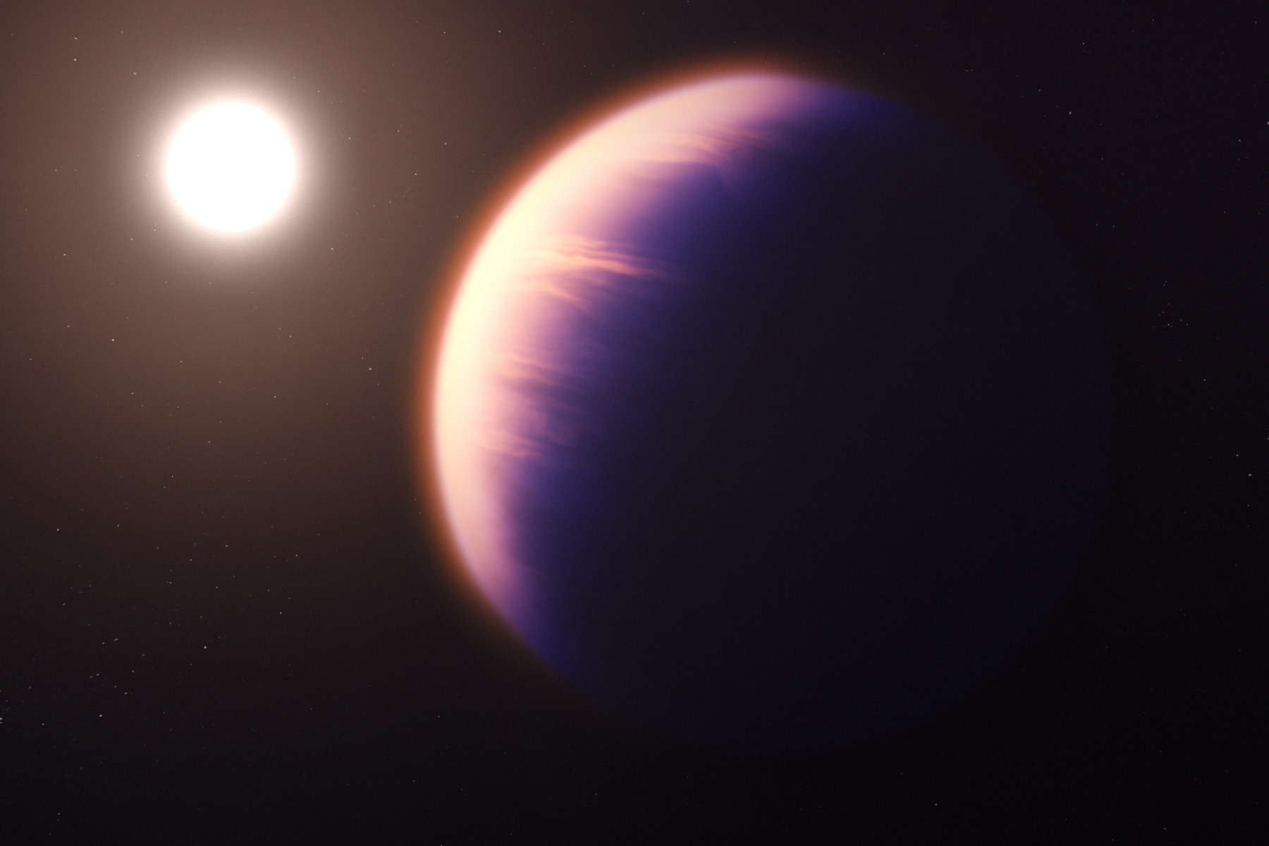 <p>Horký plynný obr WASP-39b o hmotnosti Saturnu má v atmosféře spoustu oxidu uhličitého. <em>(ilustrace: NASA, ESA, CSA, Joseph Olmsted (STScI), CC BY-SA 4.0)</em></p>