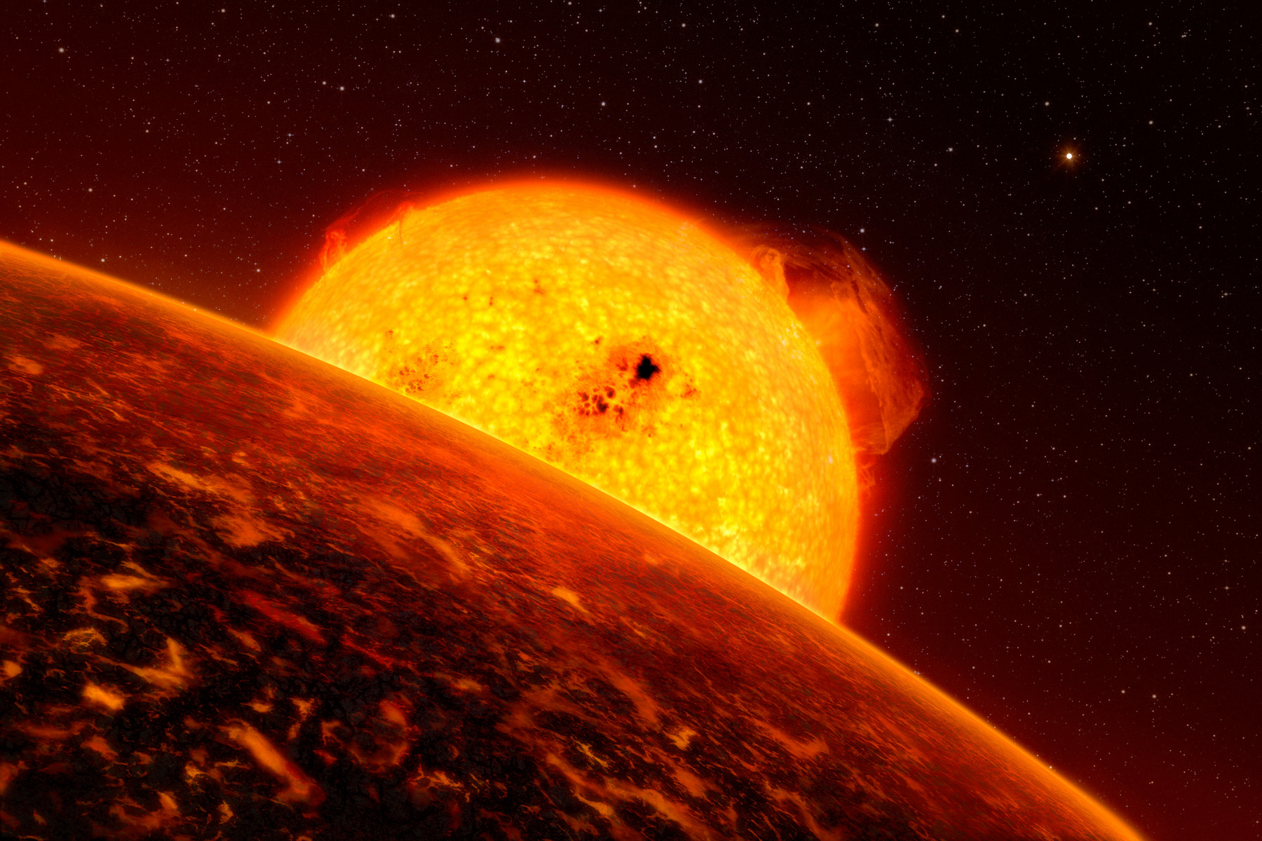 <p>Exoplaneta <strong>Corot-7b</strong> se nachází tak blízko své mateřské hvězdě, že na ní musí panovat extrémní podmínky. Pravděpodobná teplota na její „denní“ straně je nad 2 000 stupňů, zatímco na její „noční“ straně mínus 200. Teoretické modely naznačují, že planeta může mít lávu nebo vařící oceány na svém povrchu. <em>(ilustrace: ESO, L. Calçada, CC BY-SA 4.0)</em></p>