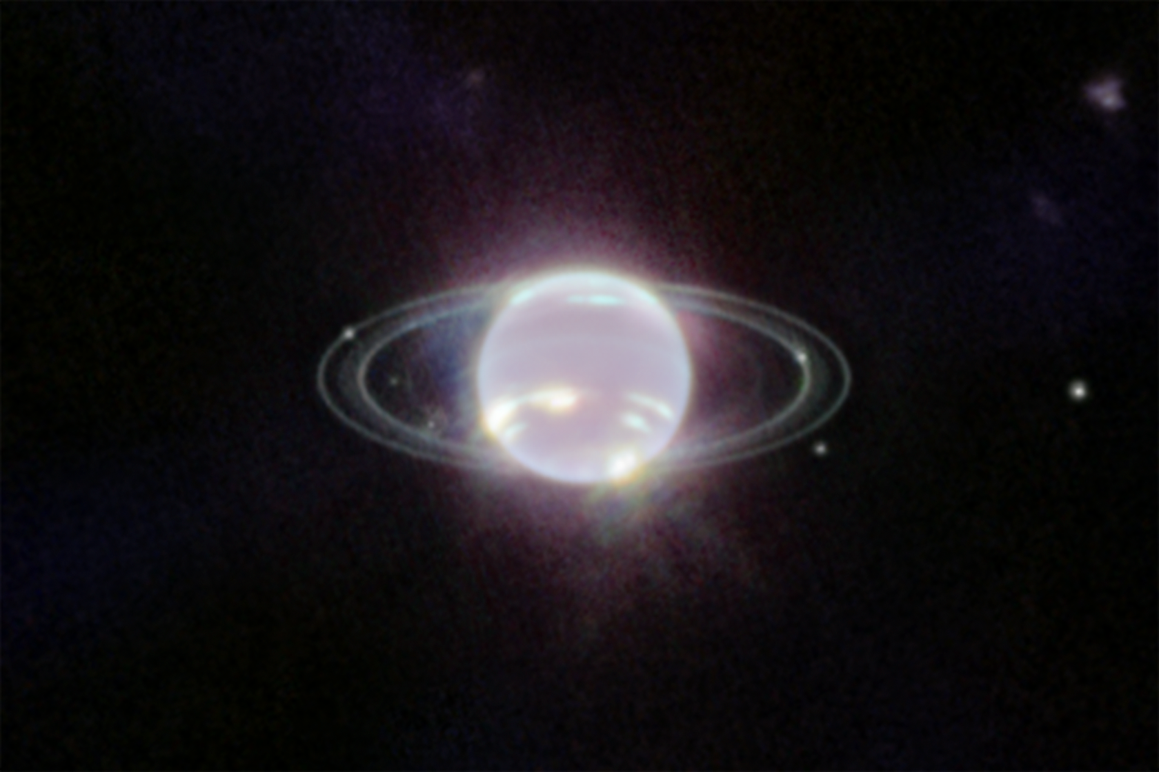<p>Neptun na výřezu snímku kamery NIRCam, ze 12. července 2022. <em>(foto: NASA, ESA, CSA, STScI; Joseph DePasquale, CC BY-SA 4.0)</em></p>