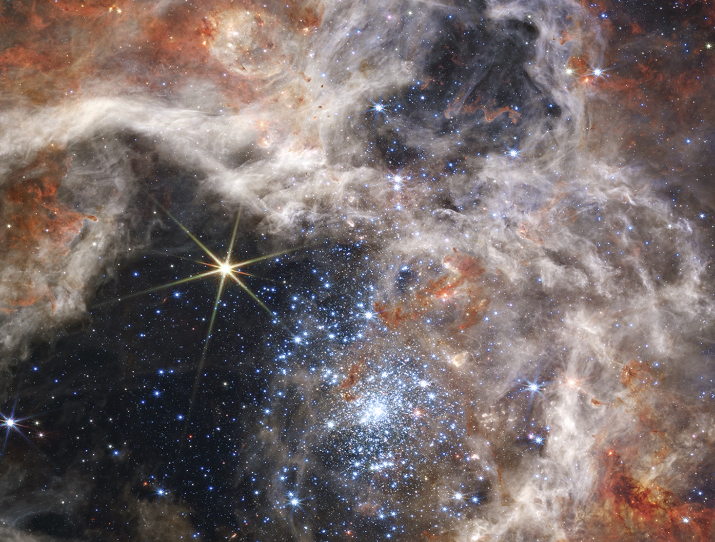 <p>Mlhovina Tarantule okem dalekohledu Jamese Webba. <em>(foto: NASA, ESA, CSA, STScI, CC BY 4.0)</em></p>