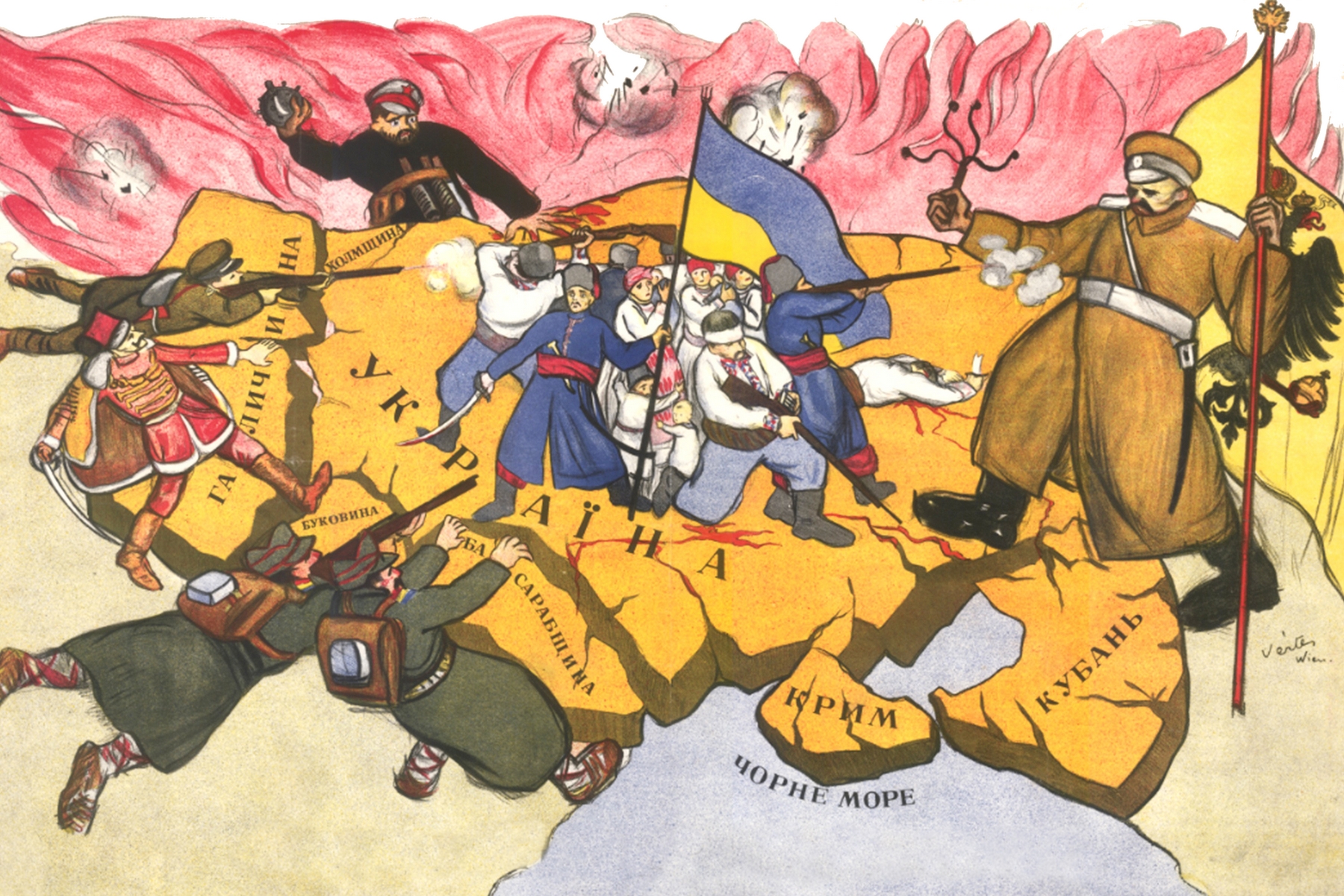 <p>Karikatura nazvaná <em>„Světový mír na Ukrajině“</em>, publikovaná roku 1919, naráží na snahu země zachovat svoji nezávislost navzdory uchvatitelským snahám jejích sousedů. <em>(ilustrace: Wikimedia Commons, Yuri Hasenko, CC0)</em></p>