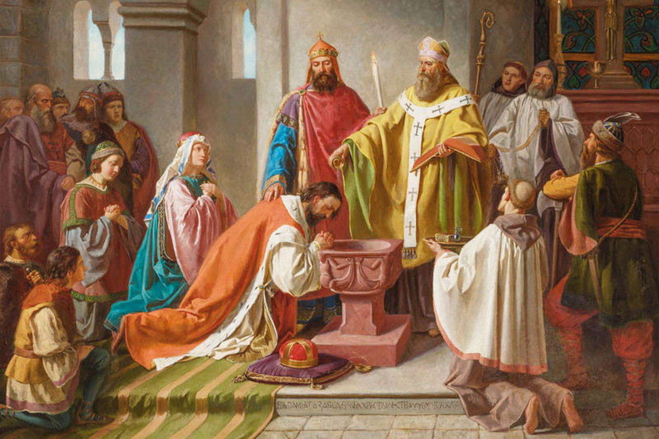 <p>Bořivoj za asistence knížete Svatopluka přijímá svatý křest v představě českého malíře Karla Javůrka z roku 1858. <em>(ilustrace: Národní galerie Praha, Karel Javůrek, CC0)</em></p>