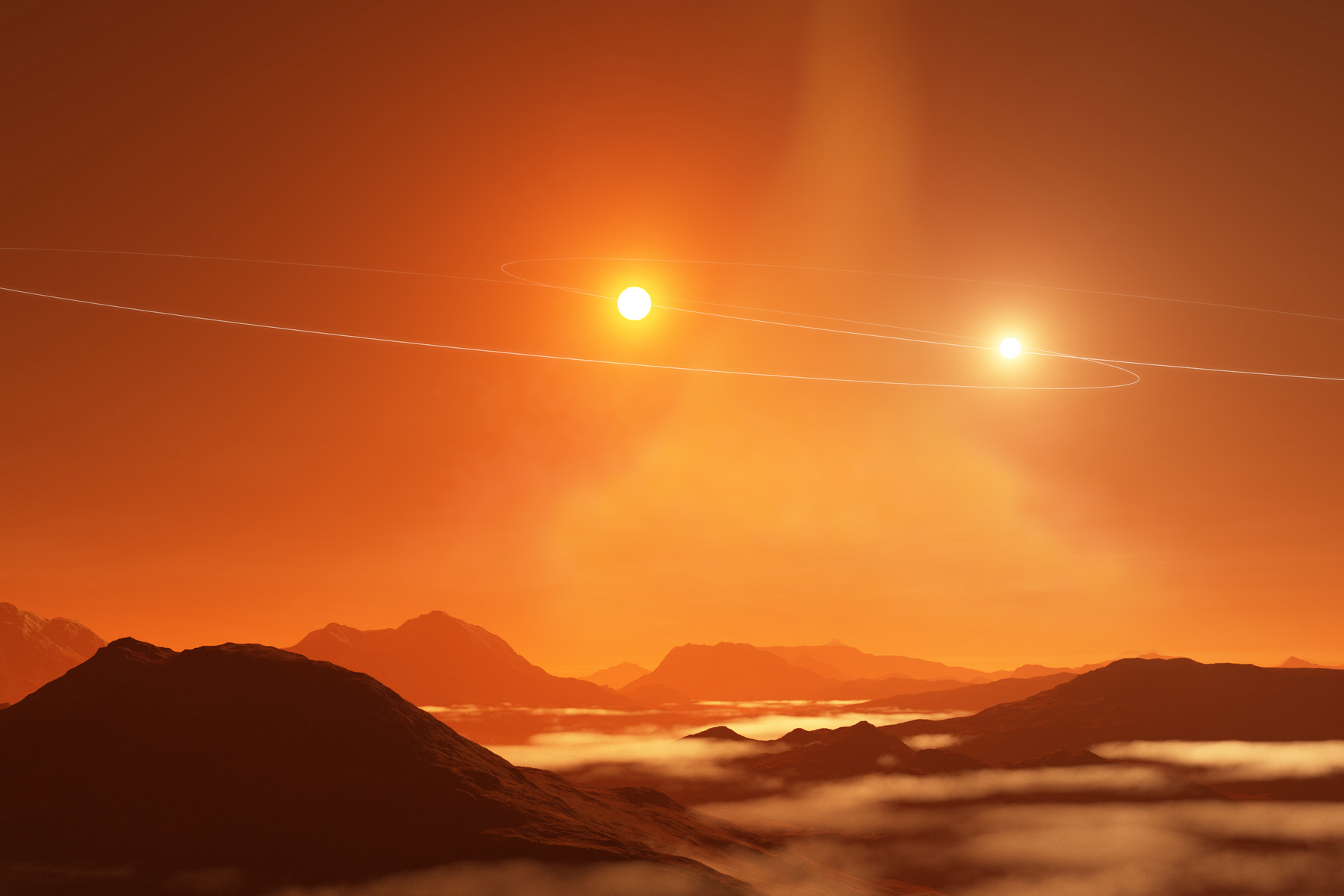<p>Simulace planet obíhajících kolem celých dvojhvězd ukázaly, že obyvatelné mohou nejspíš být v případě, kdy obíhají relativně blízko výrazně nestejných hvězd.<em> (ilustrace: NRAO/AUI/NSF, S. Dagnello, CC BY-SA 4.0)</em></p>