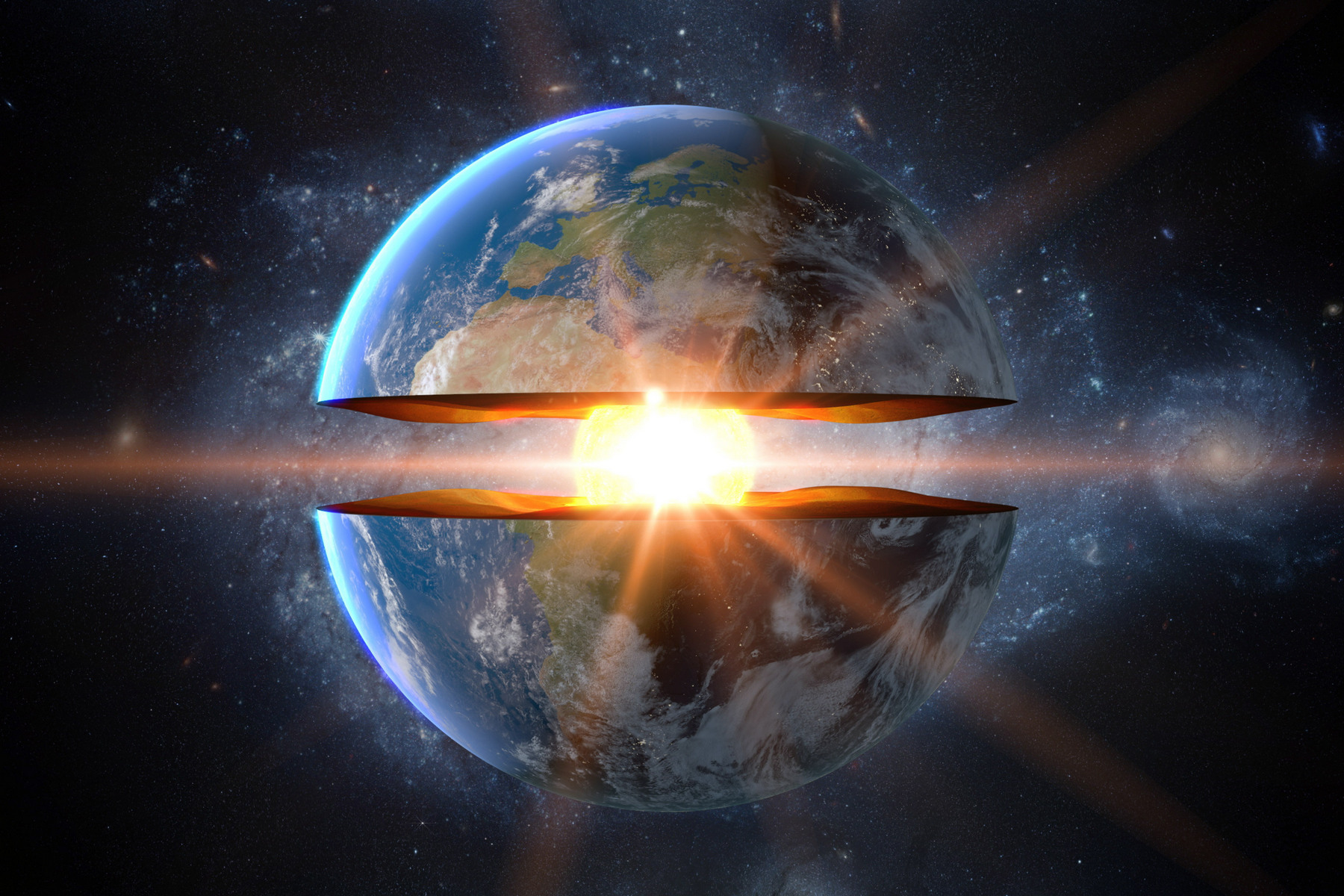 <p>Vnitrní jádro má poloměr 1 300 km a svou teplotou 5 400 °C se blíží podmínkám na povrchu Slunce. <em>(ilustrace: Shutterstock)</em></p>