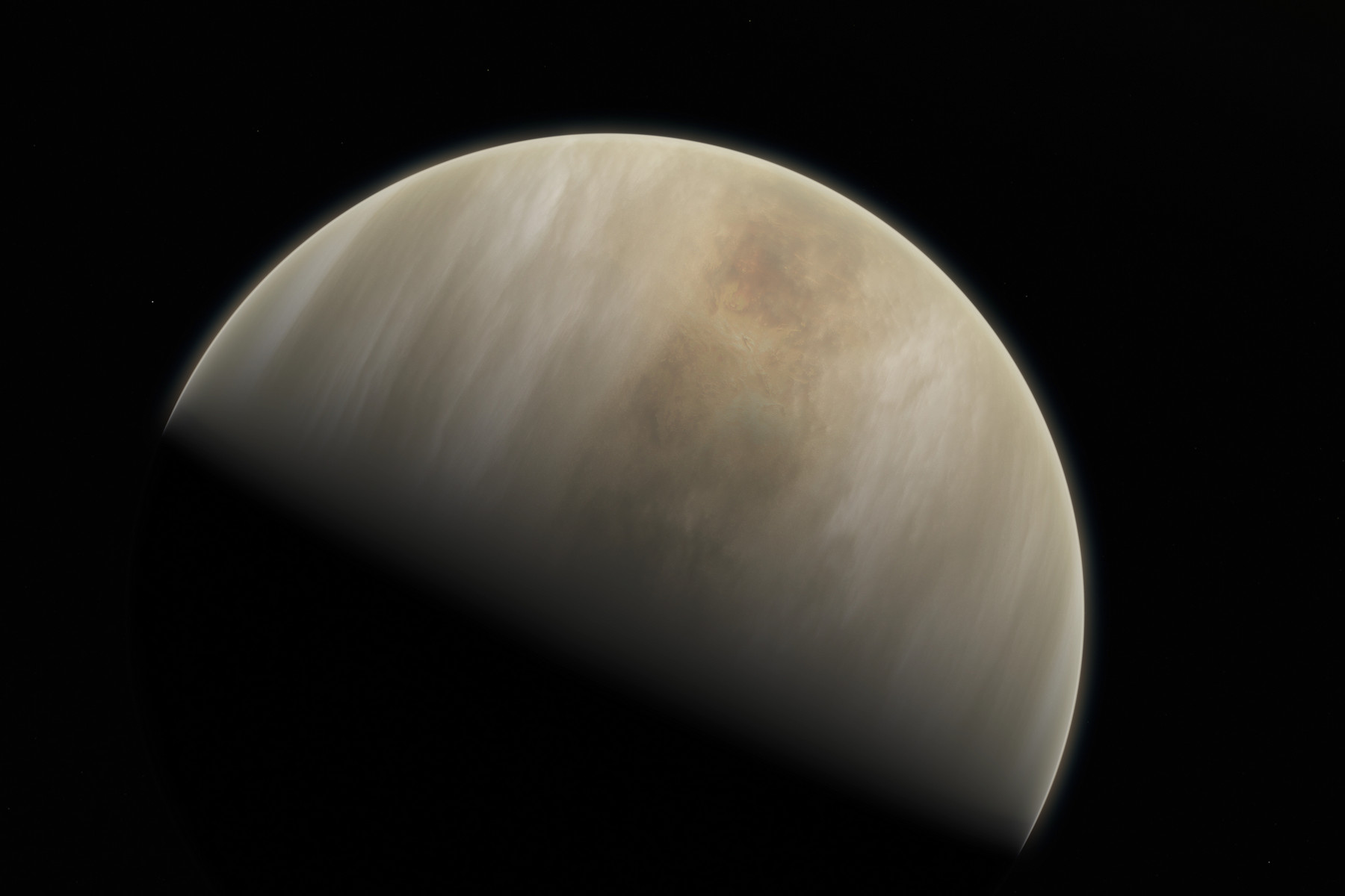 <p>Vizualizace zobrazuje sousední planetu Sluneční soustavy – Venuši. Hustá atmosféra výrazně limituje množství informací, které nám může sonda z povrchu Venuše poskytnout. <em>(zdroj: ESO, M. Kornmesser; NASA/JPL/Caltech, CC BY-SA 4.0)</em></p>