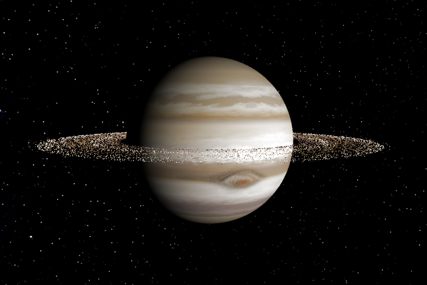 <h3>Jupiter: S prachovou obručí</h3><p>Největší oběžnici našeho solárního systému obepíná soubor prstenců sestávající ze tří částí: z vnitřního toroidu částic známého jako halo, z relativně jasného hlavního prstence a z dvojice vnějších a slabších „pavučinových“ prstenců. <strong>Na rozdíl od Saturnu však Jupiterovu ozdobu netvoří led, nýbrž prachové částice</strong>. Hlavní prstenec „krmí“ prach z měsíců <strong>Adrastea</strong> a <strong>Metis</strong>, zachycený gravitací obří planety, a na něj navazují široké prstence s původem v souputnících <strong>Thebe</strong> a <strong>Amalthea</strong>. Hlavní prstenec odhalila sonda <strong>Voyager 1</strong> při průletu v roce 1979, zatímco jako poslední byl objeven retrográdní prstenec sahající do vzdálenosti 1 126 000 km, jehož původ zůstává nejistý. <em>(UC, Stephen Kane, CC BY-SA 4.0)</em></p>
