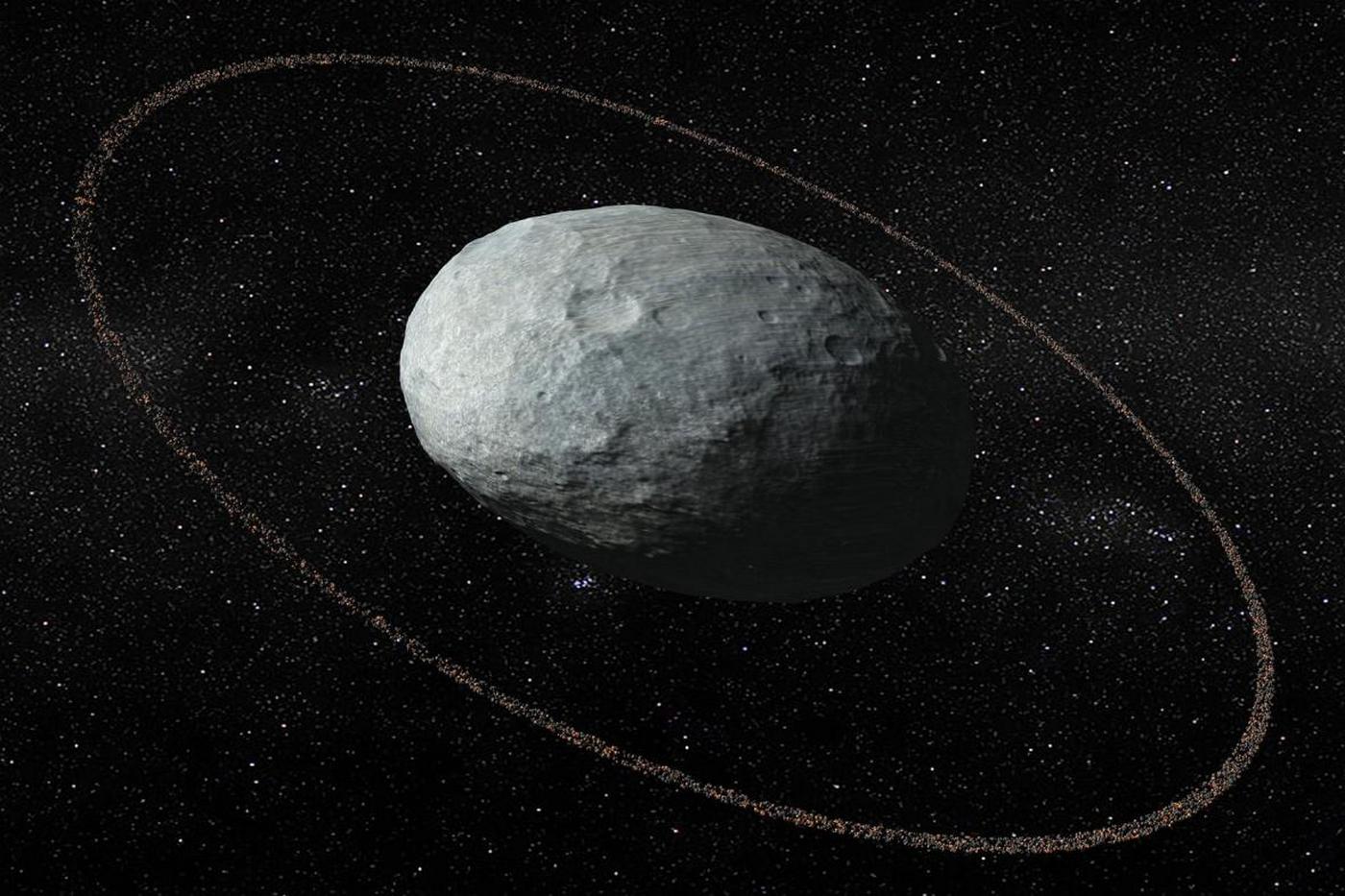 <h3>Haumea: S měsíci i prstencem</h3><p>Trpasličí planeta <strong>Haumea</strong> připomíná zploštělý míč, má průměr asi 620 km a byla objevena v roce 2004 v Kuiperově pásu. Slunce obkrouží jednou za 285 let a kolem vlastní osy se otočí za čtyři hodiny, takže patří mezi nejrychleji rotující tělesa naší soustavy. Tvar a rychlost otáčení svědčí o její srážce s jiným tělesem. <strong>Provázejí ji dva malé měsíce Namaka a Hi’iaka a v roce 2017 se u ní při pozorování zákrytu vzdálené hvězdy podařilo odhalit i prstenec, zřejmě o poloměru 2 287 km a šířce 70 km</strong>.<em> (zdroj: IAA-CSIC/UHU, CC BY-SA 4.0)</em></p>