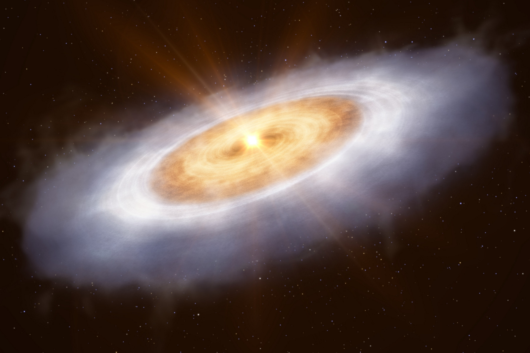 <p>Ilustrace představuje protoplanetární disk kolem hvězdy V883 Orionis. Ve vnější části disku se voda vyskytuje ve formě ledu a není snadné ji detekovat. Zjasnění centrální hvězdy však ohřívá vnitřní část disku na teploty, při kterých je voda již ve formě páry, což astronomům umožňuje ji pozorovat.<em> (ilustrace: ESO, L. Calçada, CC BY-SA 4.0)</em></p>