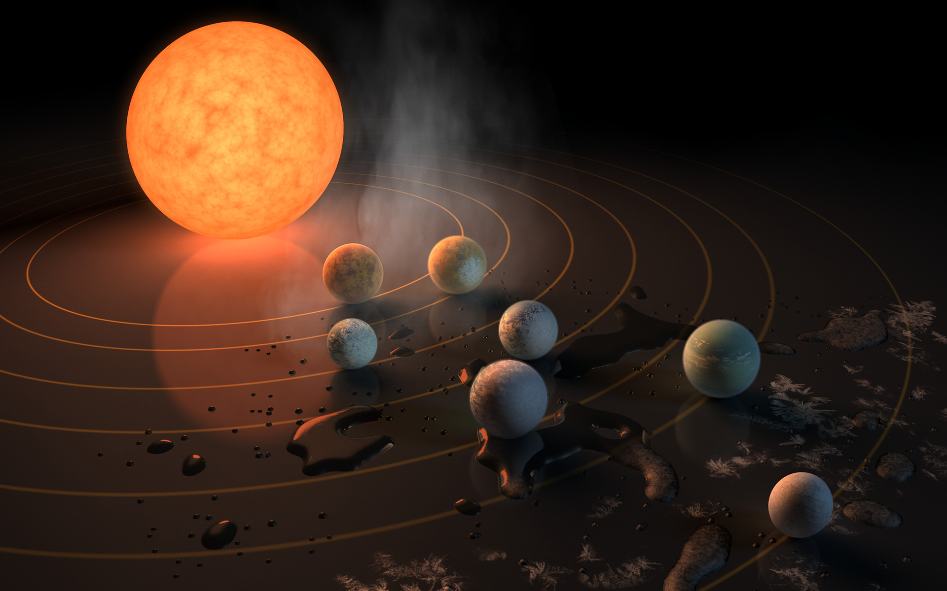 Grafický model planetárního systému TRAPPIST-1 -<p>Tento objev představuje nejpočetnější známé uspořádání planet, které obíhají po drahách v blízkosti vzájemné rezonance.</p>