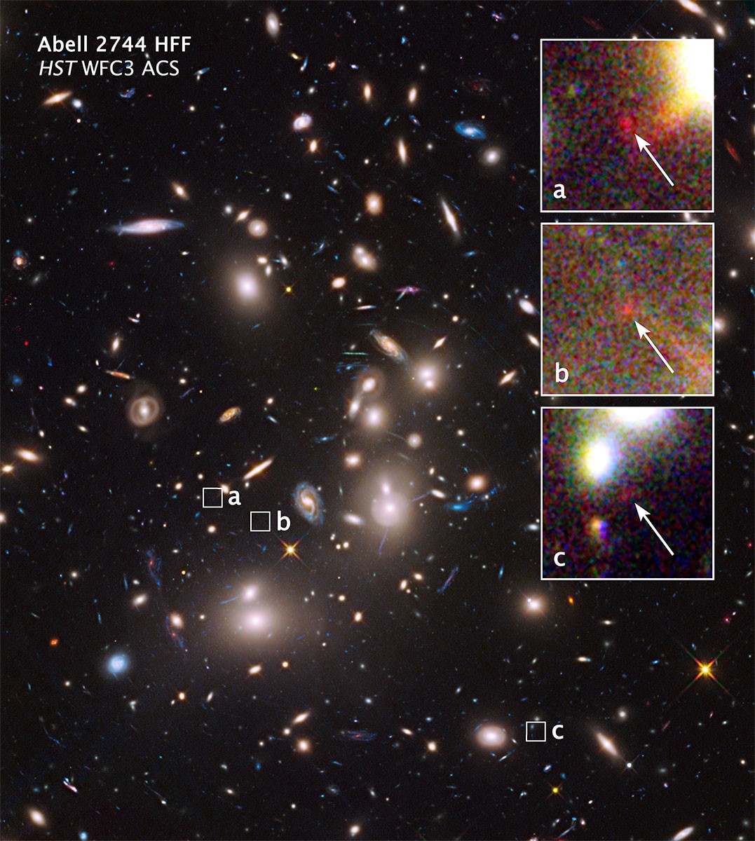 Pandořina kupa -<p>Kosmické zvětšovací sklo v Pandořině kupě se třemi obrazy galaxie z počátku věků</p>