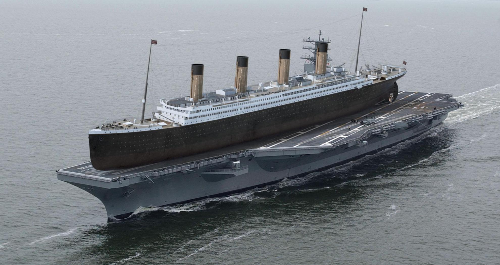 Titanic na letadlové lodi -<p>Americká letadlová loď U.S.S. Ronald Reagan měří na délku 332,8 metru. V pohodě by se na ní vešel například Titanic.</p>